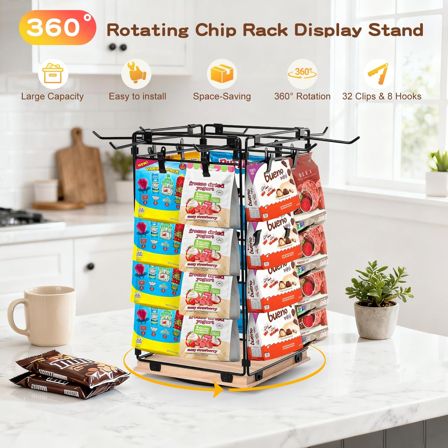 Koocoot 4-Tier 360 Rotating Chip Rack Display Stand with 32 Clips & 8 Hooks, Metal Countertop Snack & Candy Display Rack Organizer for Store, Party, Retail