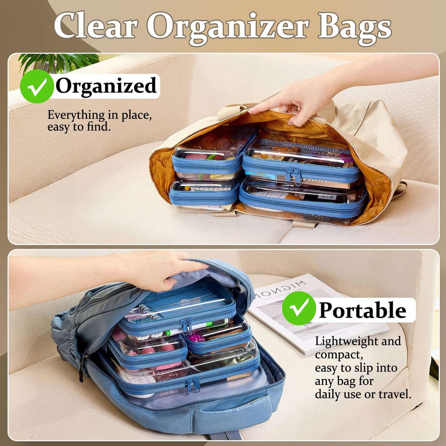 WELPIRT 4 pcs Clear Zipper Pouches,Hard Shell Zipper Case, Toiletry Bag for Travel, CLear Diaper Bag, Toiletry Pouch, Travel Organizer, Cosmetic Bag,Toy Storage Bins (M+3S) (Blue)