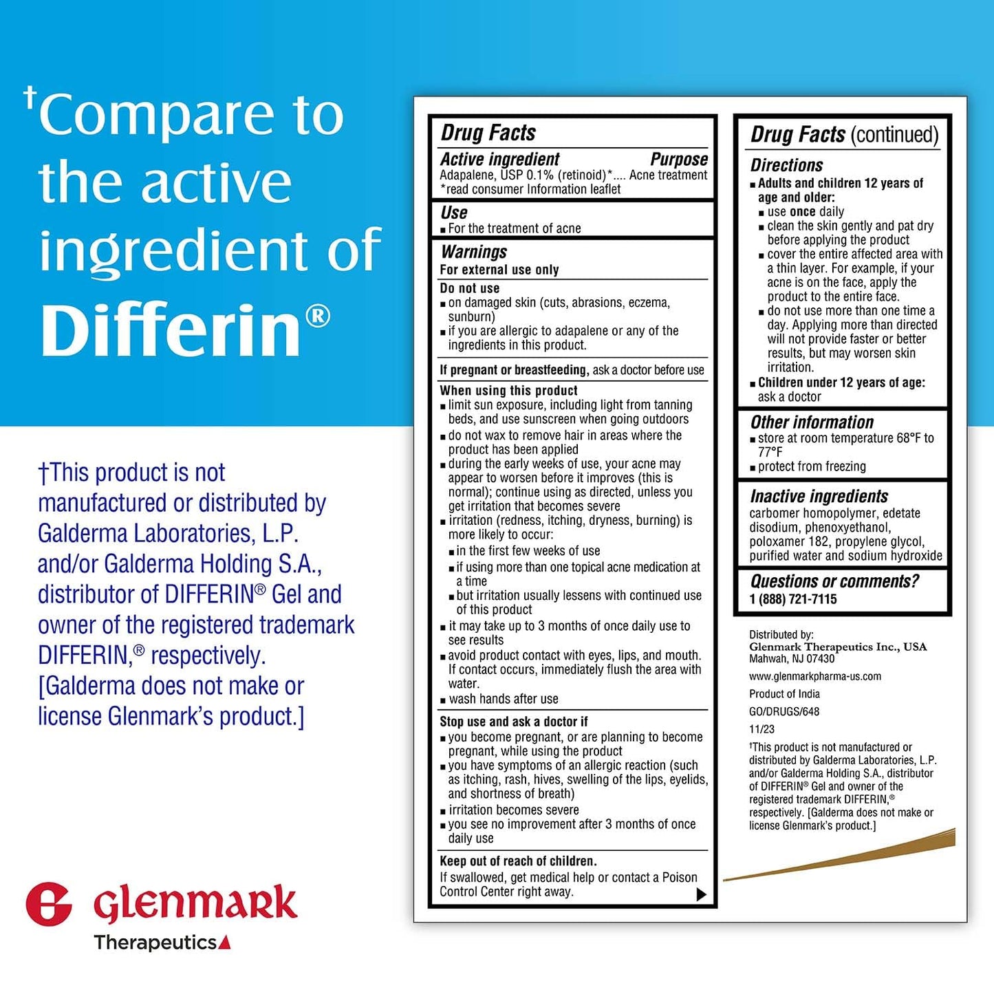 Glenmark Therapeutics Adapalene Gel 0.1% Acne Treatment, Paraben Free Topical Retinoid Cream for Face, Helps Clear and Prevent Acne and Clogged Pores, 45g Tube