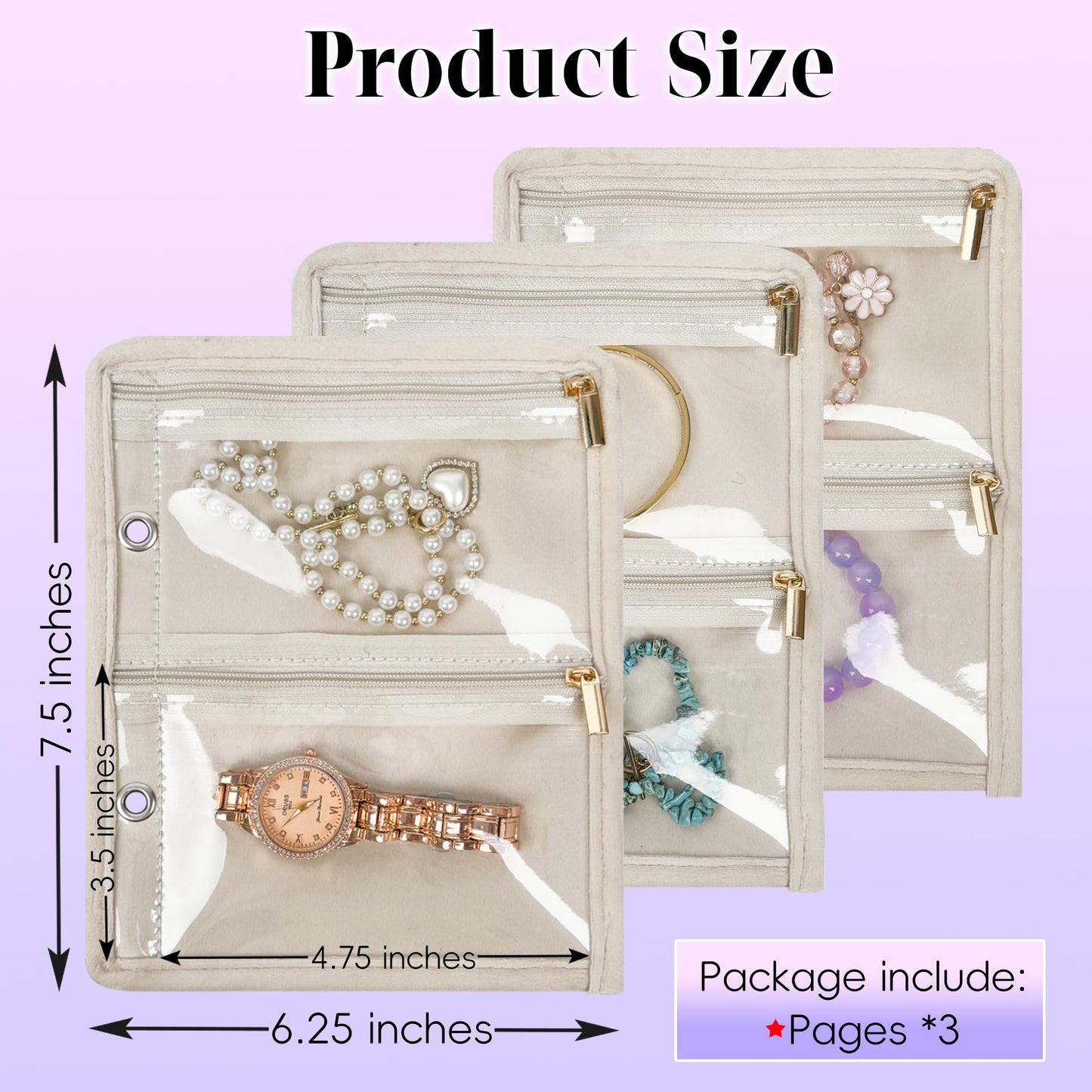 LingLingo Travel Jewelry Organizer Case,Small Jewelry Bags for Traveling, Jewelry Binder with 24 Pcs Clear Zipper Velvet Pouches (Inner Pages,Beige,3 PCS)