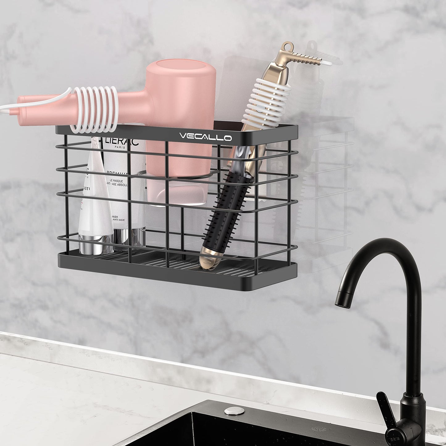 Vecallo Hair Dryer Holder - Hair Tool Organizer Wall Mount/Adhesive Blow Dryer Holder/Curling iron holder Cabinet Door Bathroom Organizer for Hair Dryer, Curling Wands, Hair Straighteners Black