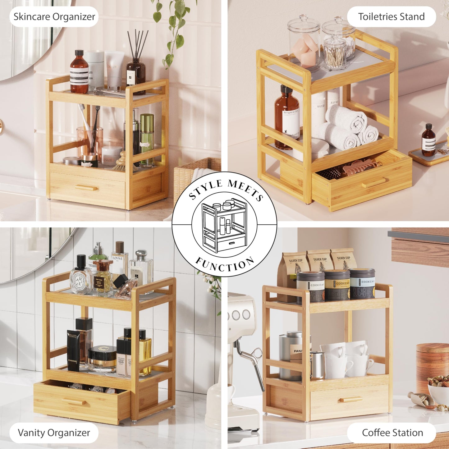 Bamboo Bathroom Organizer Countertop, 2 Tier Vanity Organizers and Storage with Drawer for Skincare & Makeup, Counter Shelf with Stone Drying Mat for Coffee Bar, Kitchen, Matcha Station