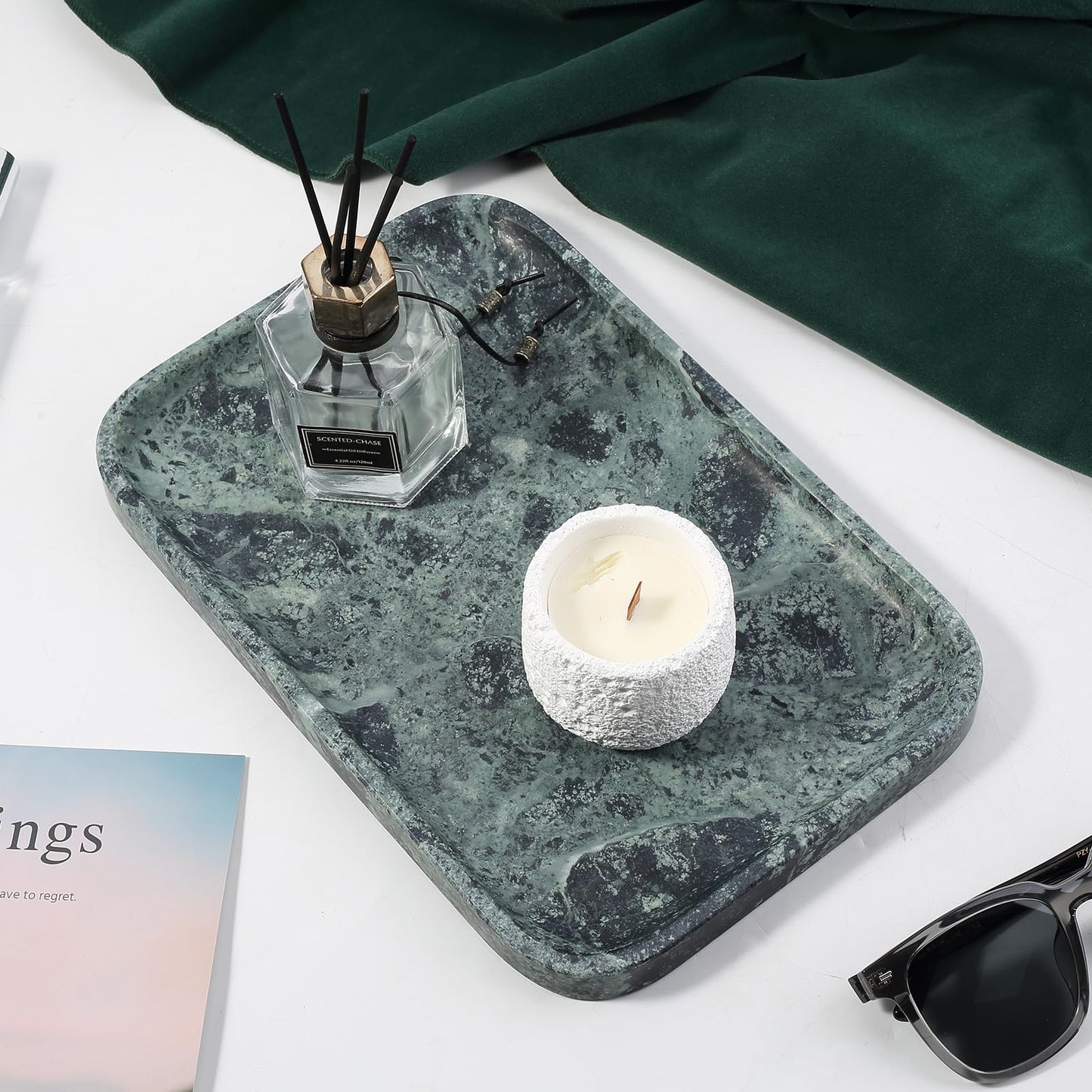 Koville Marble Tray, 12"x8" Marble Vanity Tray for Countertop Bathroom Kitchen Dresser, Decorative Catchall Trays for Perfume Jewelry, Rectangular Stone Serving Tray(Green)