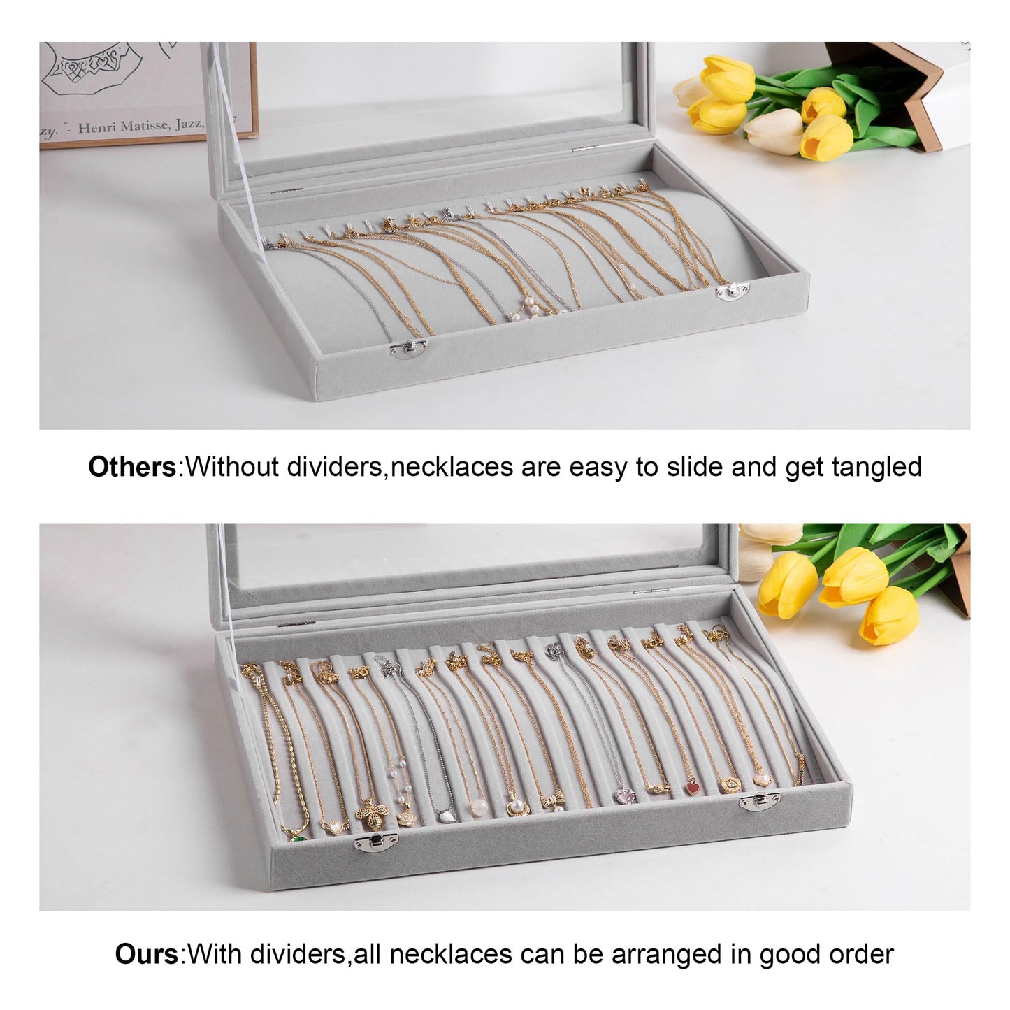 Frebeauty 15 Hooks Necklace Tray Velvet Neckalce Organizer with Clear Lid Lockable Necklace Holder Box Jewelry Organizer for Pendants Chains Necklace Jeweley Tray for Women Girls(Black)