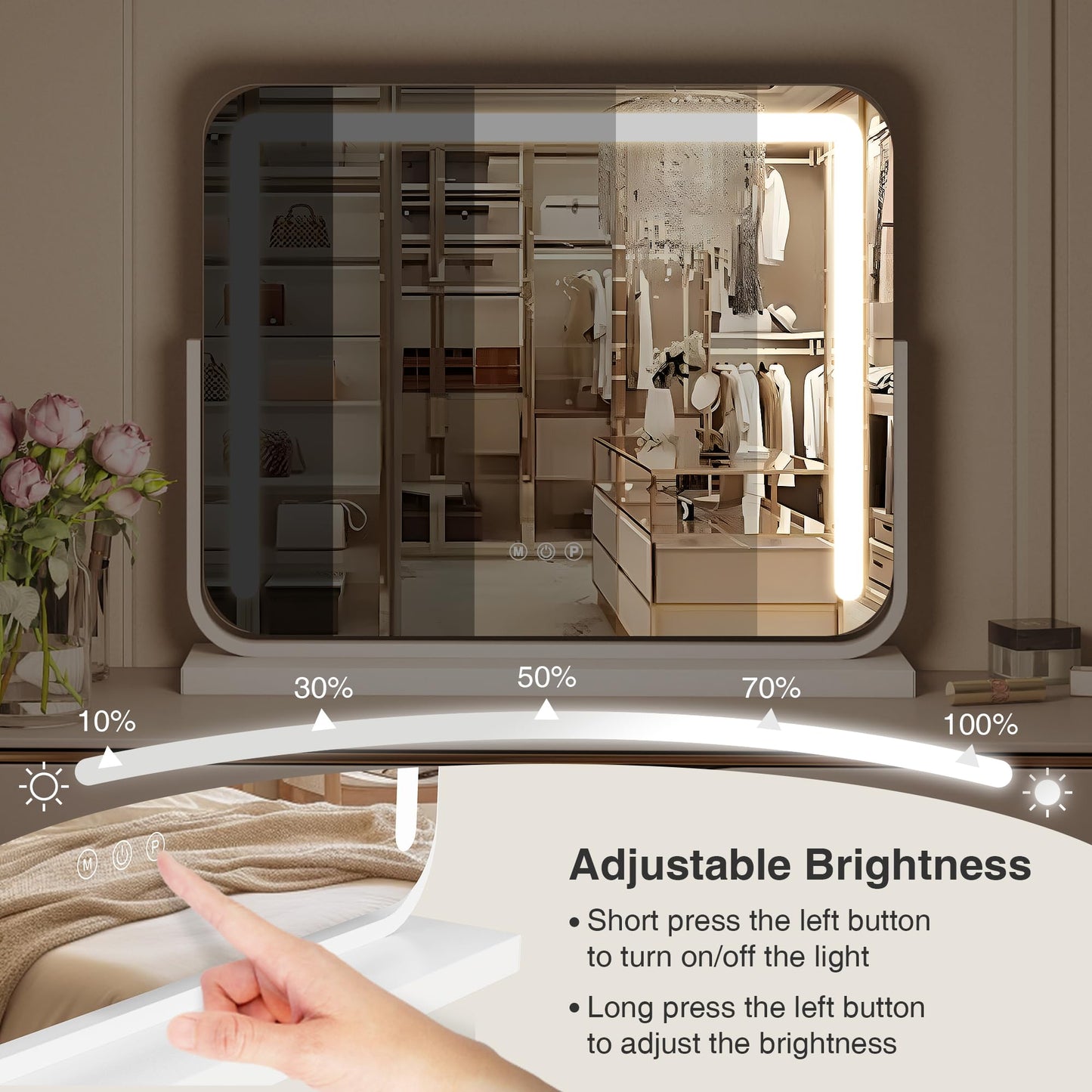 MICLIONLED Vanity Mirror with Lights 21"×15.7" LED Makeup Mirror,Dimmable Smart Touch Control Mirror with Lights for Bedroom Tabletop, 360° Rotation,Vanity Mirror Square White