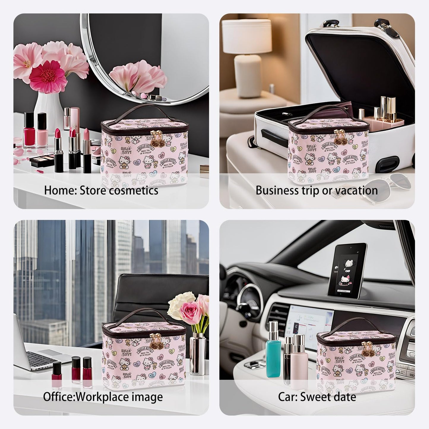 AmBealla Cosmetic Bag Large Makeup Bag Pink Makeup Travel Case with Brush Holder,Canvas Organizer for Women,Toiletry Bag for Skincare&Beauty Tools Sweet Cute for Girls