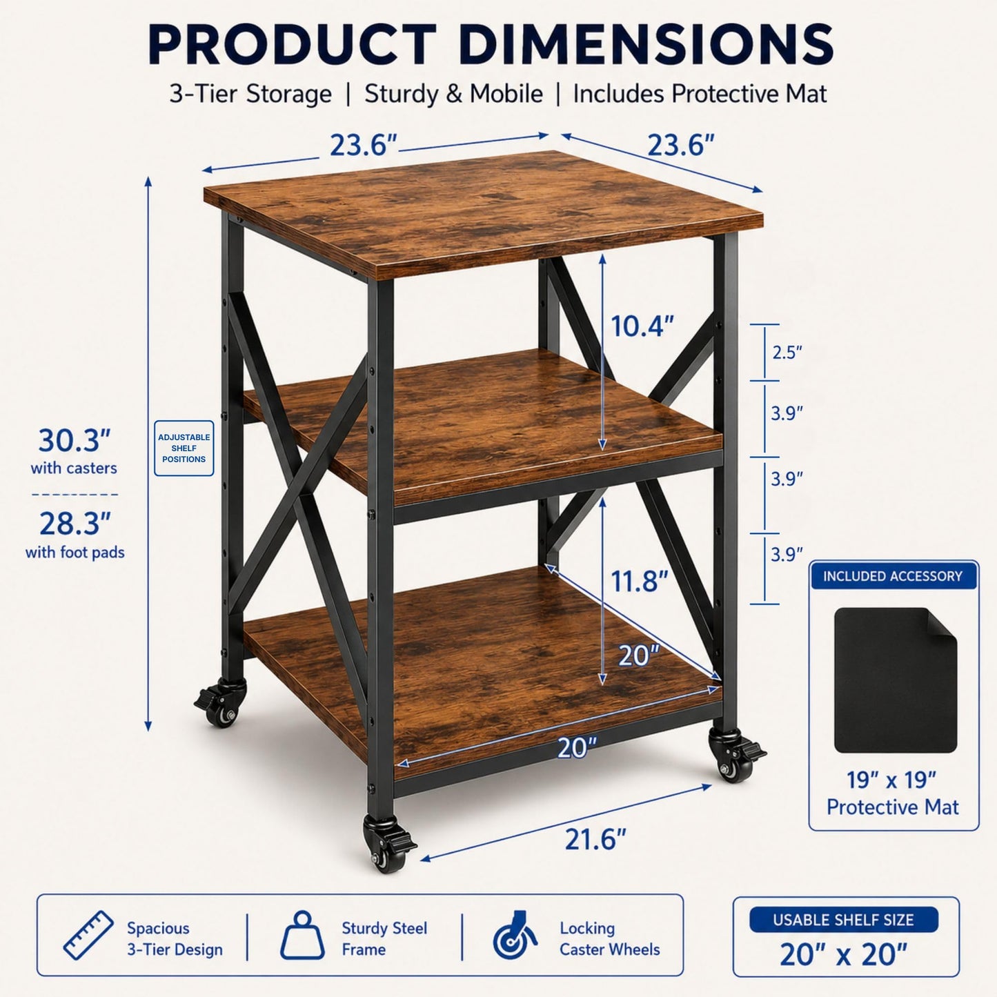 LuxConde Printer Station & Non-Slip Protective Desk Mat, 23.6 x 23.6 x 30.3 in, Adjustable Storage Shelf, Mueble para Impresora, Office Printer Table for Large Printers, Home Office Organization