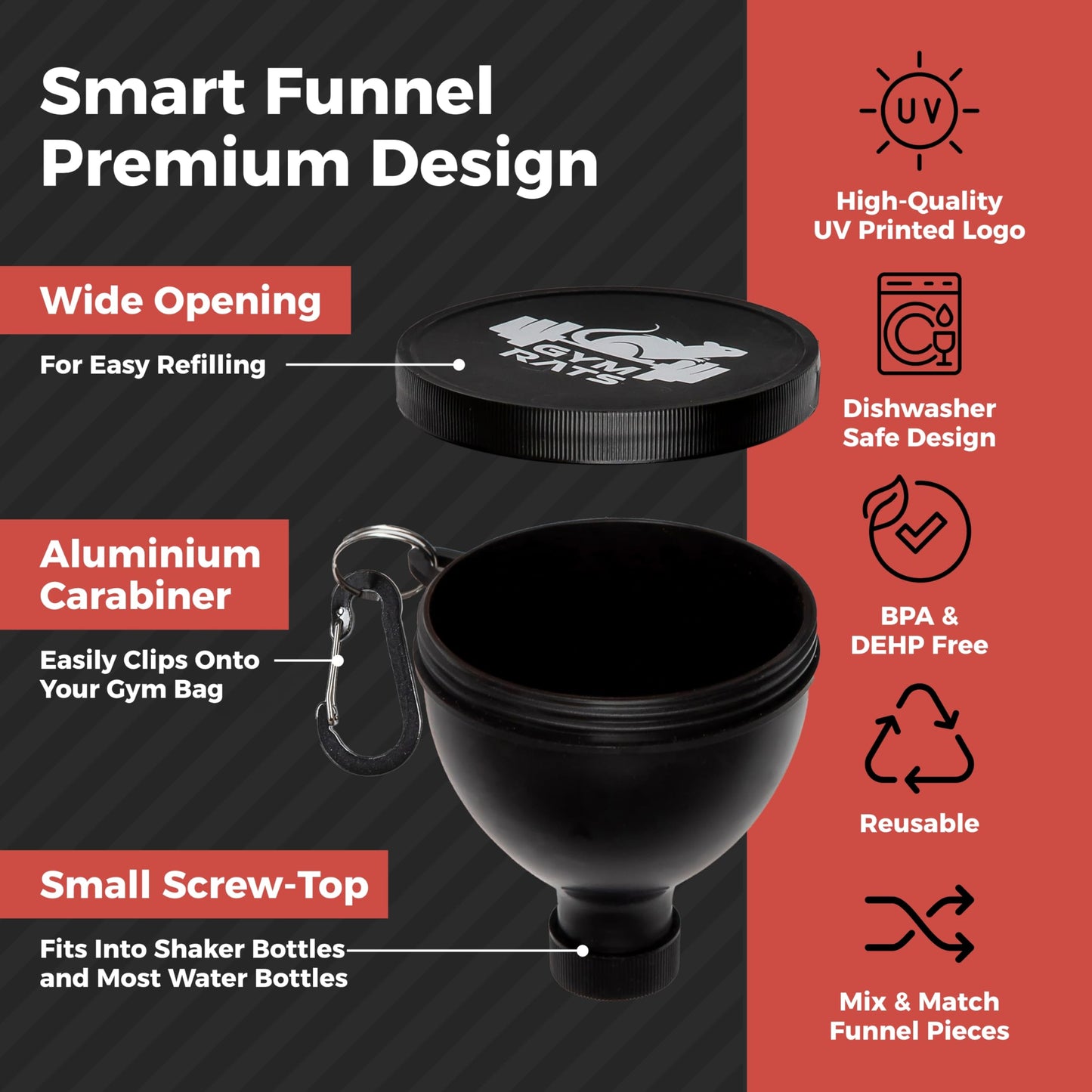 Protein Powder Funnel Set - Travel Protein Powder Container to Go with Carabiner & Reinforced Caps to Stop Spills - Protein & Pre Workout Powder Supplement Funnel for Bottles & Shakers - 4 Pack