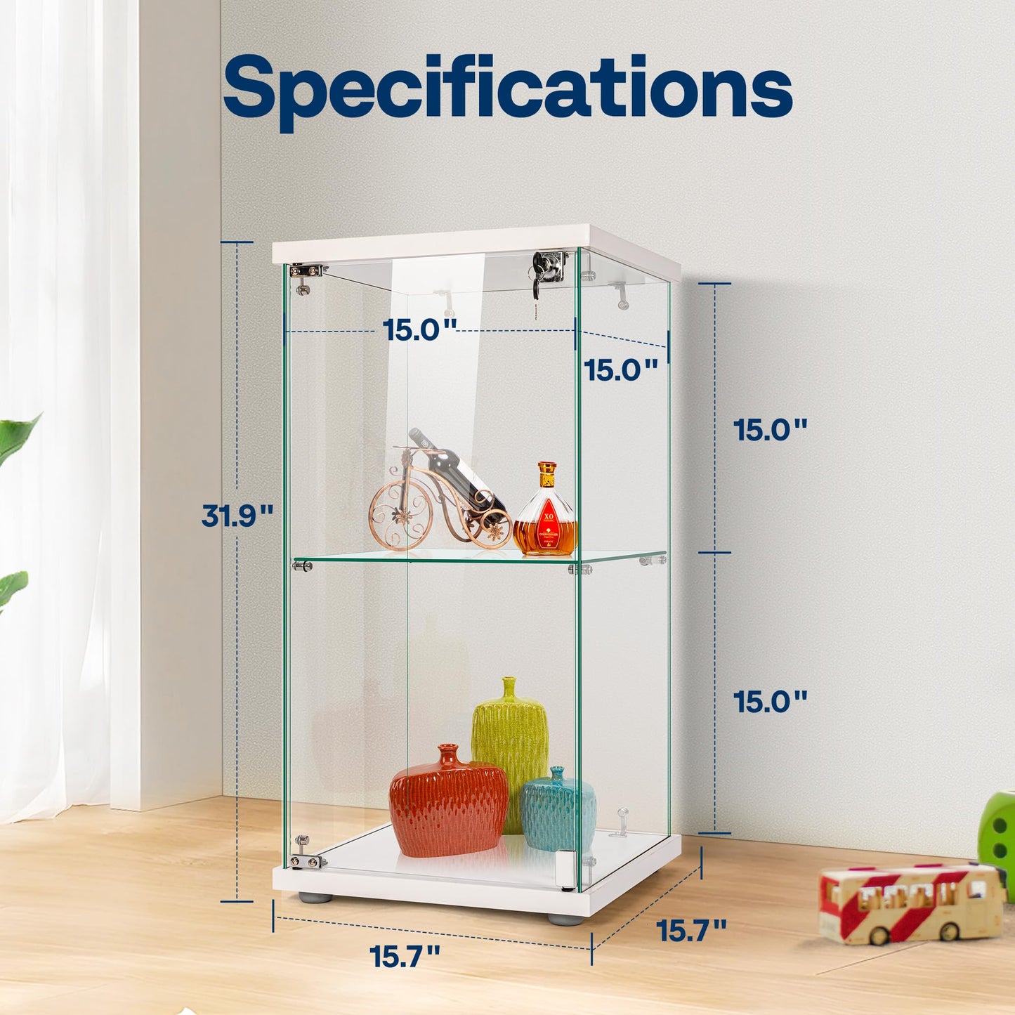 VIVOHOME 2 Layers 15.7''W x 15.7''D x 31.9''H Glass Display Cabinet Showcase Countertop with Lock, Tempered Glass 25mm MDF Base