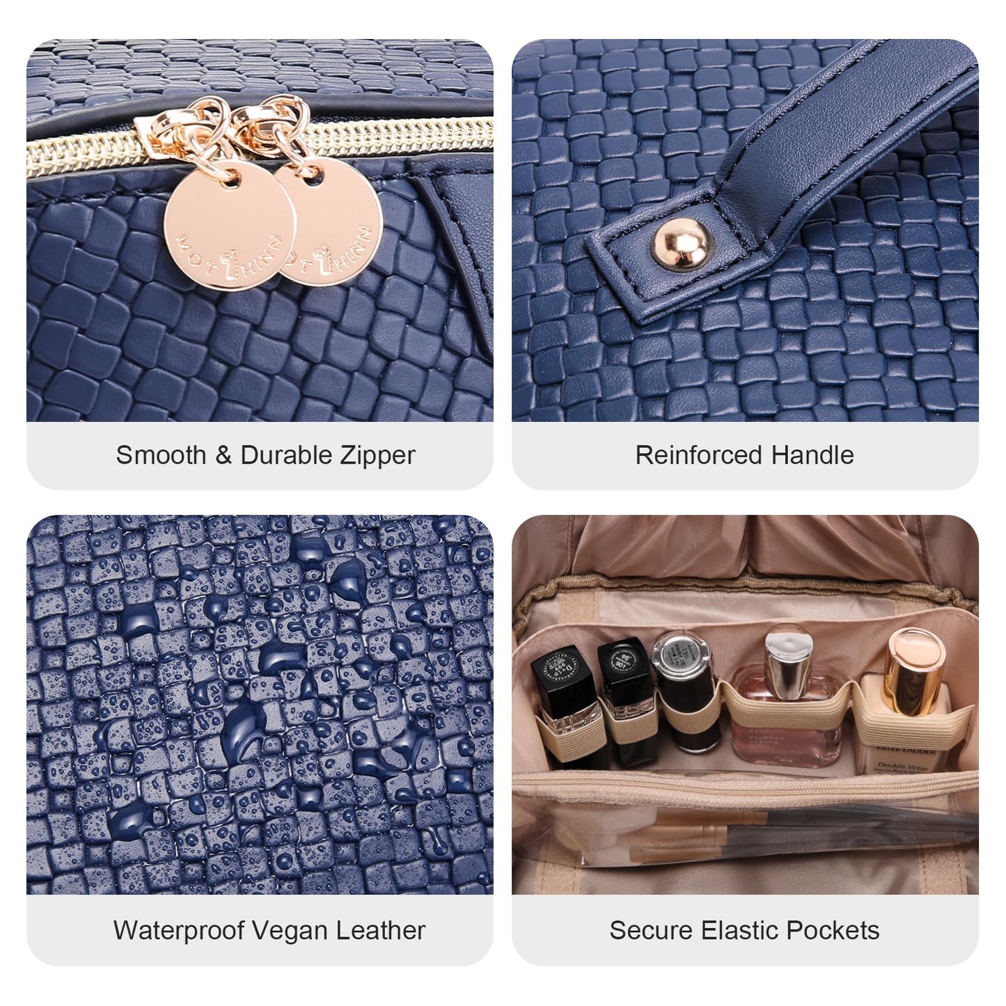 Travel Makeup Bag for Women: 3 Pcs Set Cosmetic Bags for Women - Large Capacity Vagen Leather Hand-made for Toiletry Organizer - Waterproof Ladies Travel Flat Open Essentials for Luxury (02Blue)