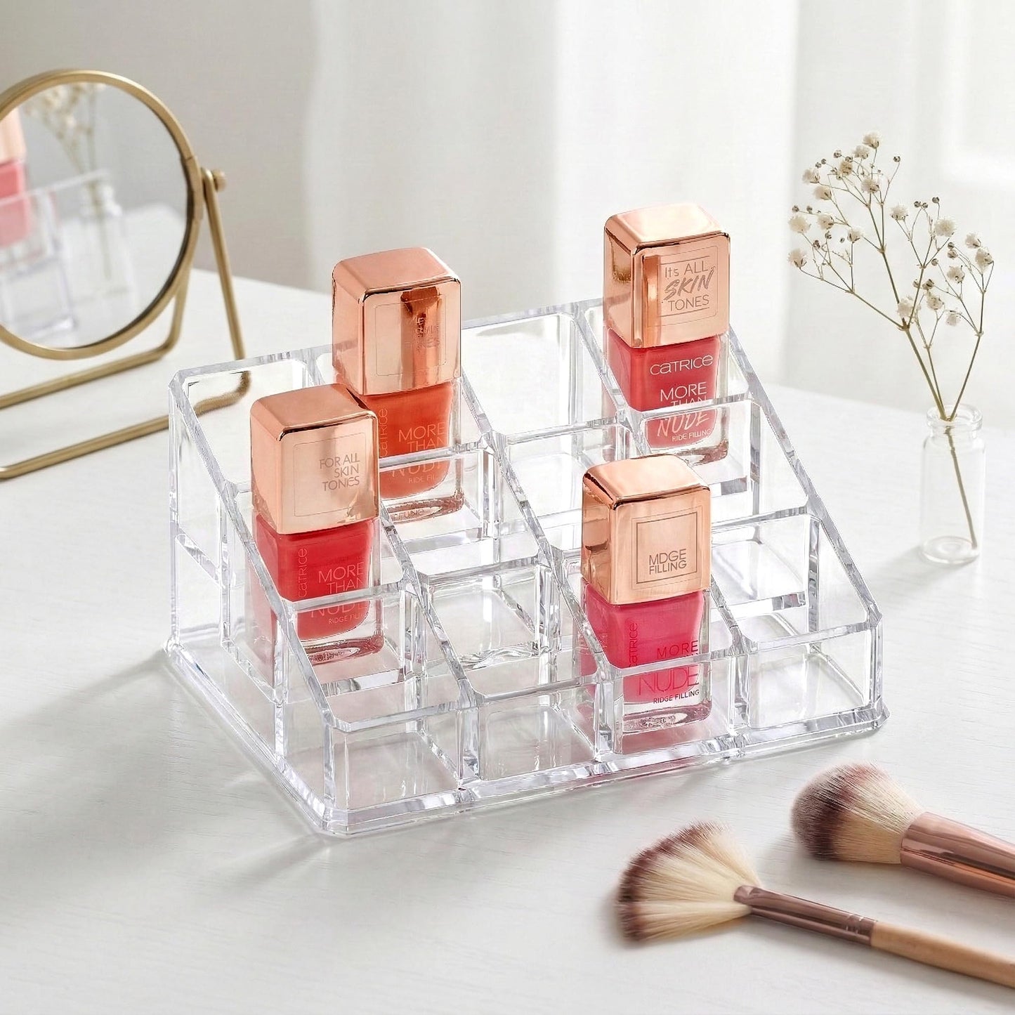 Amazing Abby - Charm - 2-Pack 12-Slot Acrylic Nail Polish Organizer, Lipstick Holder, Lip Gloss Organizer, Cosmetic Storage Display, Perfect Storage Solution for Drawer, Vanity, Bathroom, and More