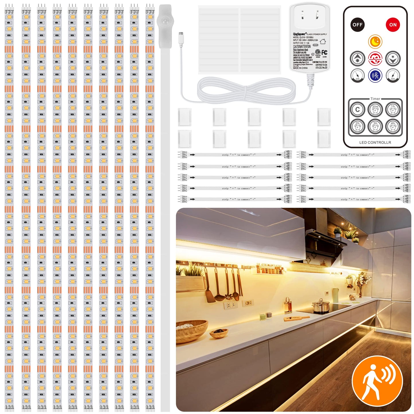 LAFULIT 10 PCS Under Cabinet Lights Kit, Motion Sensor LED Strip Lights with Remote, Dimmable and Timer Warm White Counter Lights for Kitchen Cabinets, Cupboards, Closets, Stairs, Shelf, Desk, and Bed