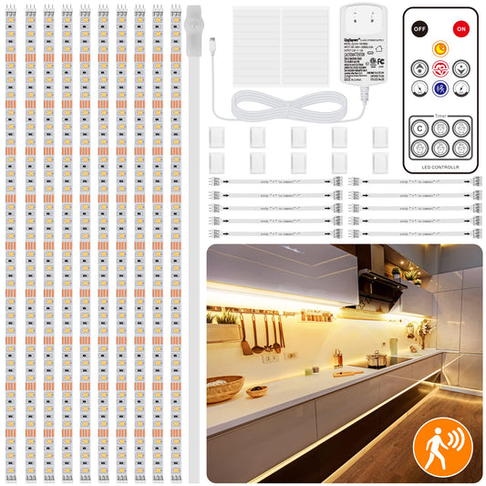 LAFULIT 10 PCS Under Cabinet Lights Kit, Motion Sensor LED Strip Lights with Remote, Dimmable and Timer Warm White Counter Lights for Kitchen Cabinets, Cupboards, Closets, Stairs, Shelf, Desk, and Bed