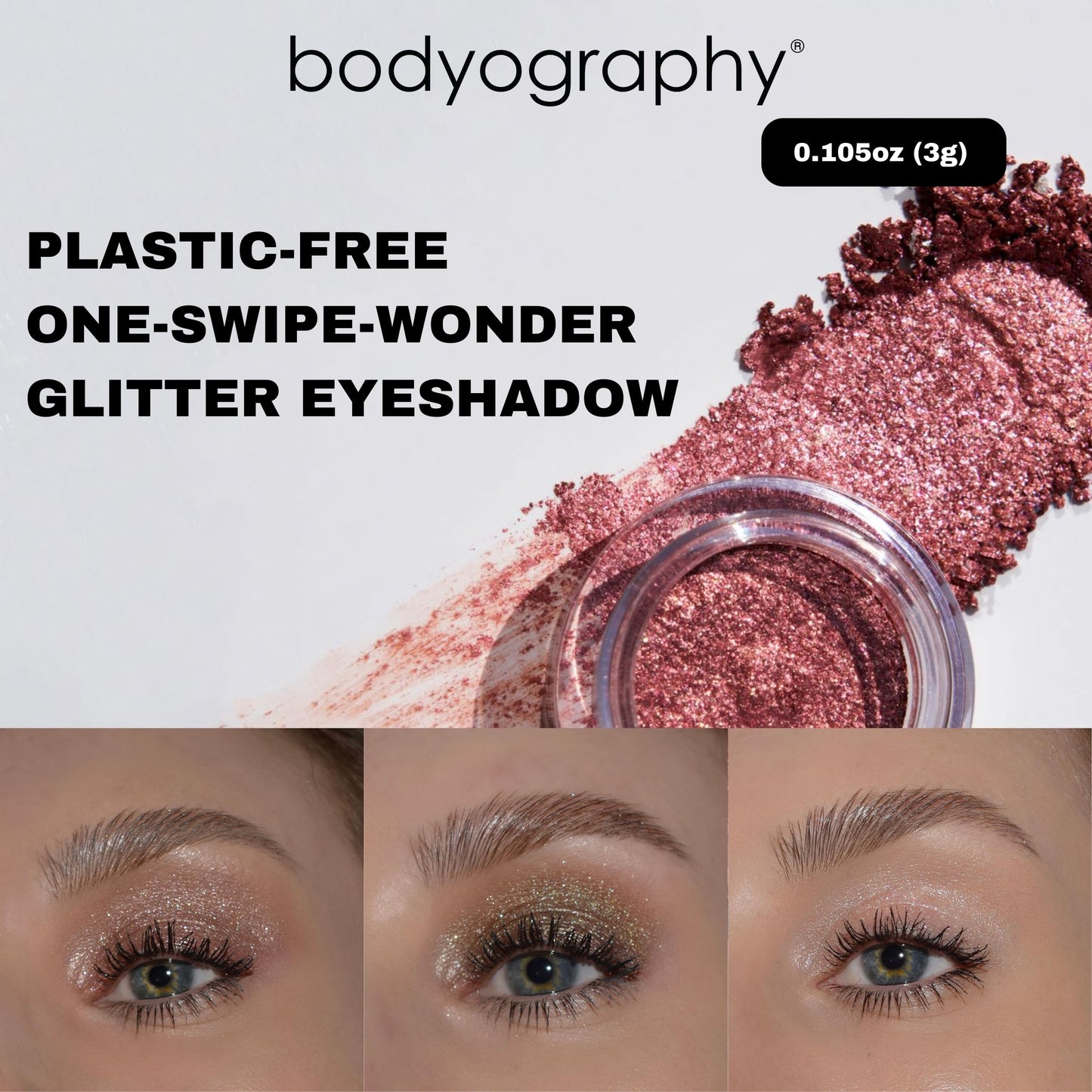 Bodyography Glitter Pigment Eye Shadow | Long Wear Shimmer Eyeshadow | Vegan, Talc & Paraben Free | Cream Powder Formula | Stratus (Champagne/Pink) 1.5 g