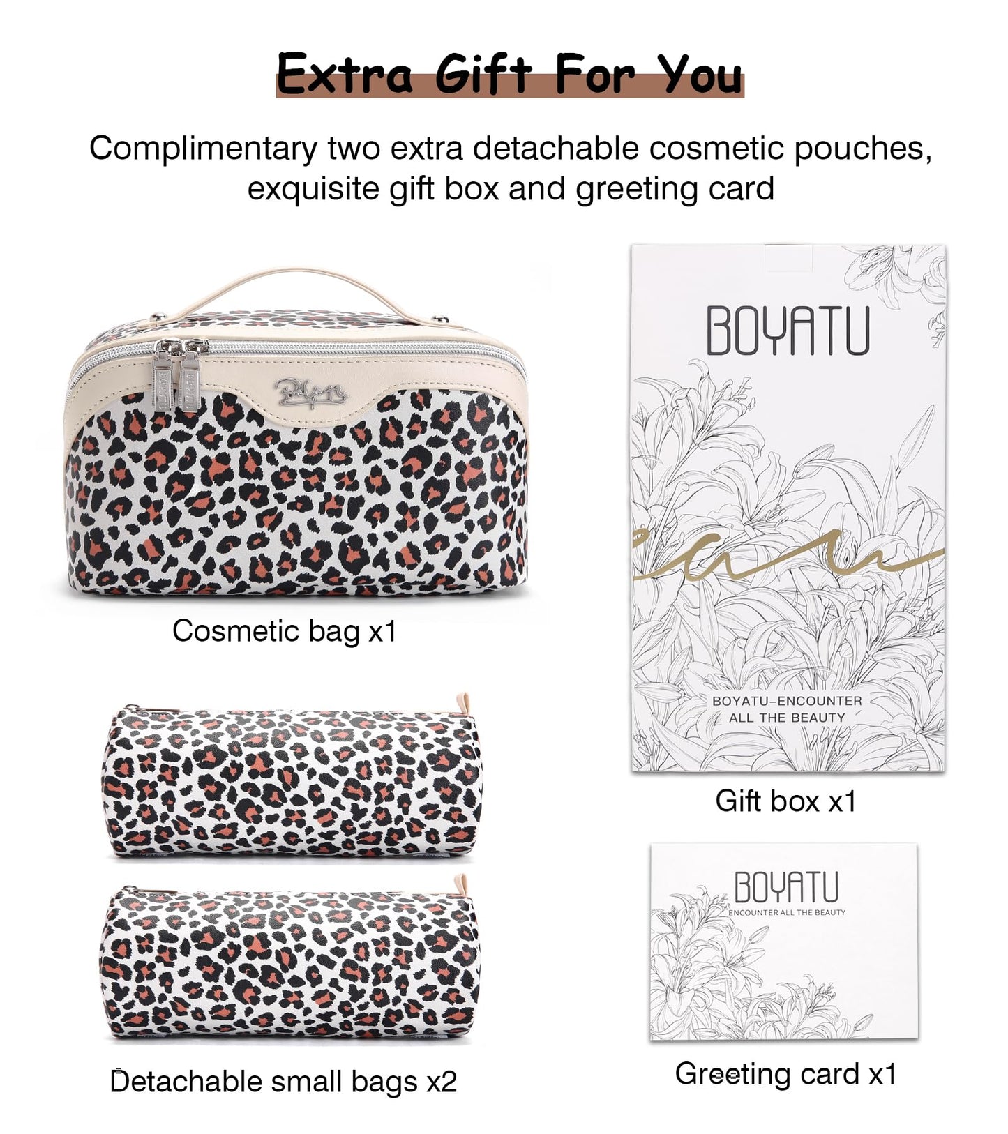 BOYATU Travel Makeup Bags Cosmetic Organizer Bag: 3 Pcs Set Large Capacity Make up Bag with Compartments - Waterproof Leather Toiletry Bags with Handle for Women (B-White)