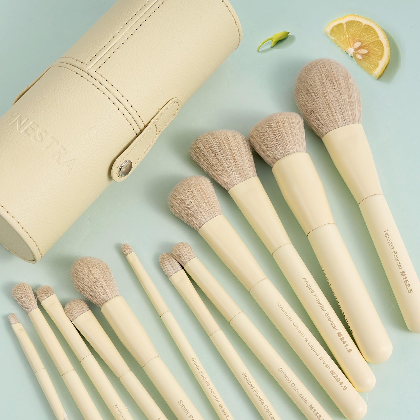 VYNESTRA Travel 12 Piece Makeup Brushes Set Labeled Face and Eye Make Up Brush Set Complete with Foundation, Concealer, Contour, Blending, Blush, Eyeshadow Brush with Travel Holder Case, Butter Yellow