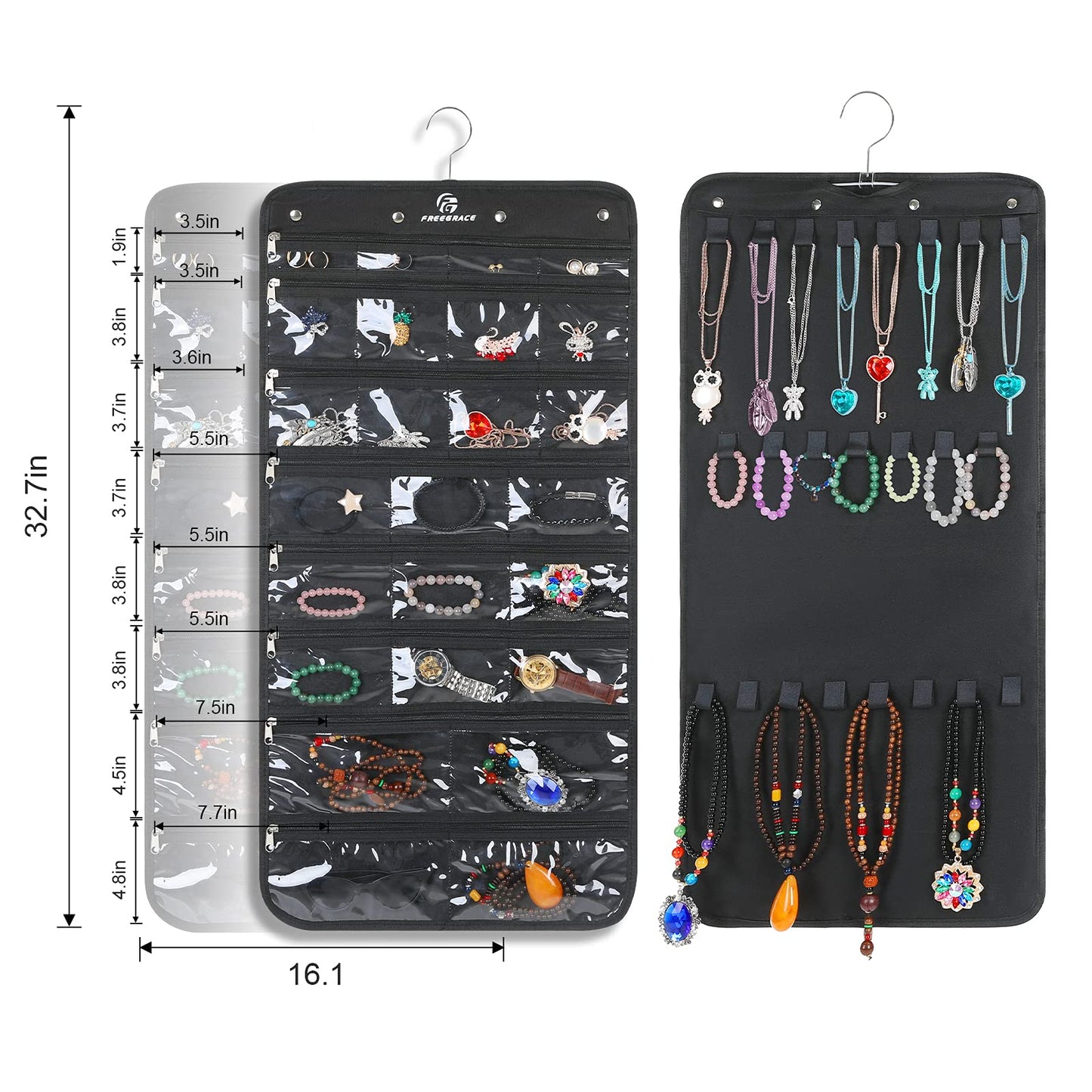 Freegrace Hanging Jewelry Organizer with Secure Zipper Closure - 360° Revolving Hanger, 25 Clear Pockets, 23 Necklace Hooks - Foldable Travel Storage & Closet Display (Black)