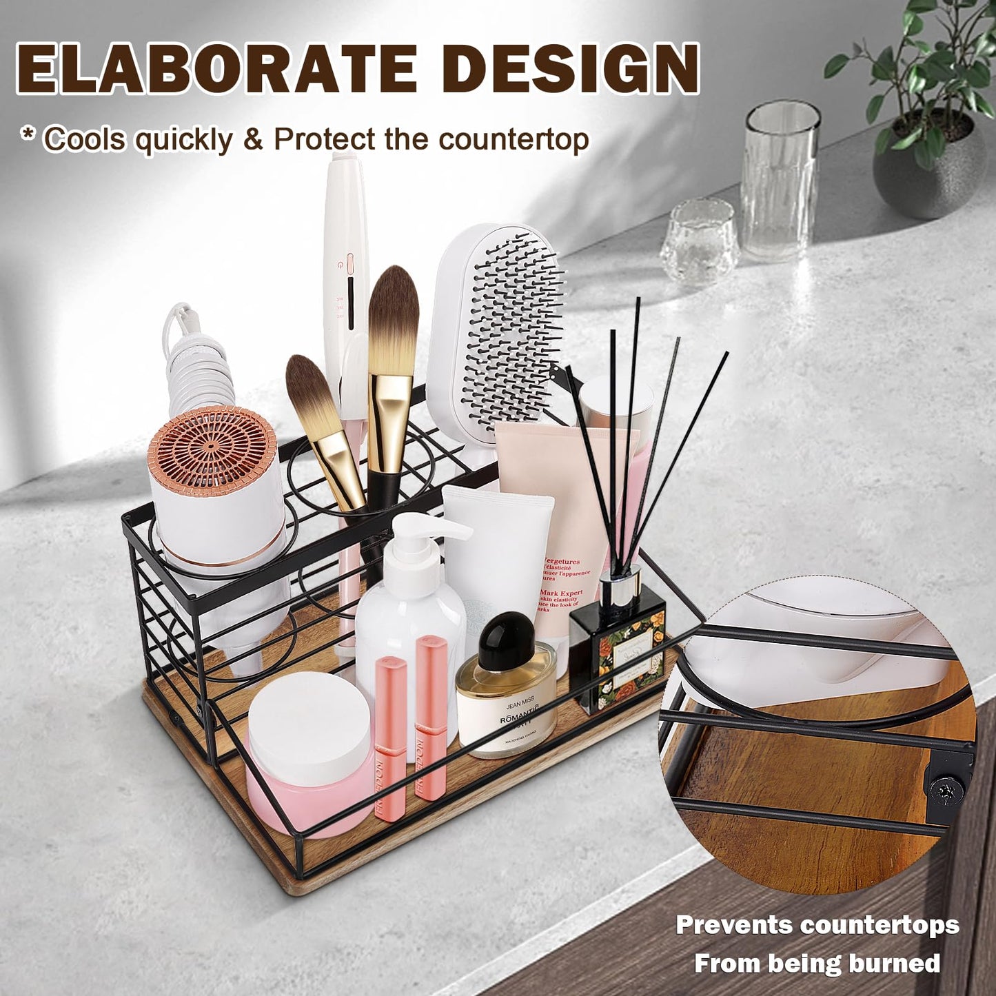 Siyzda Hair Tool Organizer, Movable Hair Dryer Holder, Hair Styling Tools Storage for Vanity, Bath Counter Organizer, Bathroom Trays for Hair Toiletry, Makeup (12" x 7.7" x 5.8", Wood-Black)