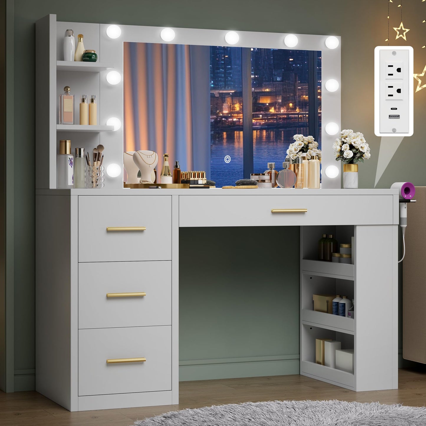 DWVO Makeup Vanity Desk with Mirror & Lights, 40inch Vanity Table with Power Outlets, 4 Drawers & 6 Open Storage Shelves, 3 Color Modes & Adjustable Brightness Dressing Table for Bedroom, White