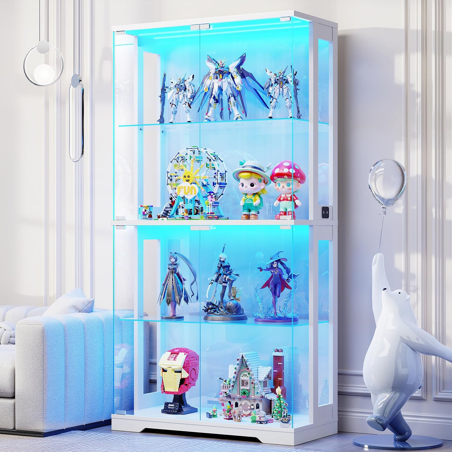 Aauro Home Display Cabinet with Glass Doors & LED Lights, 4-Tier 65" Black
