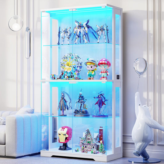 Aauro Home Display Cabinet with Glass Doors & LED Lights, 4-Tier 65" Black