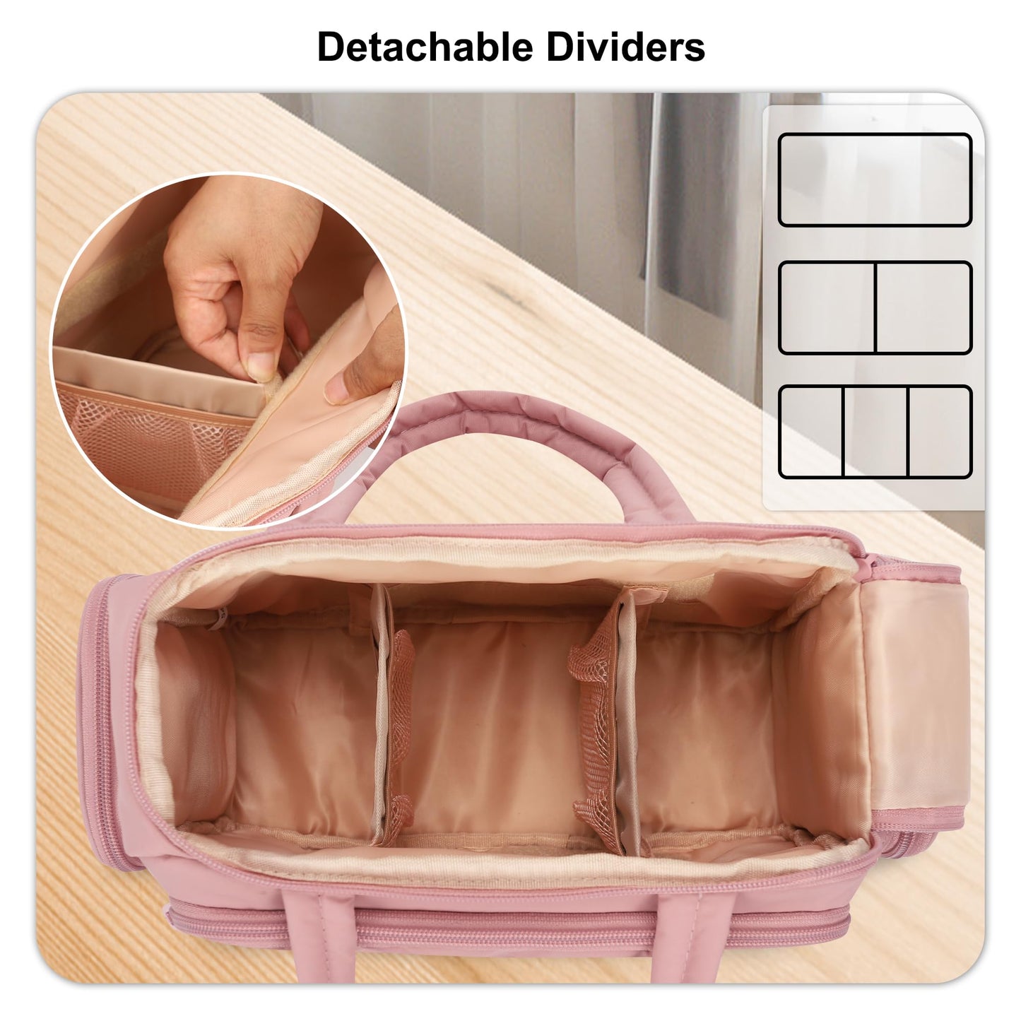 WGEAR Travel Cosmetic Bag for Women, Lightweight Wide-open Makeup Travel Bags for Toiletries with 2 Removable Dividers, Large Makeup Organizer with Brushes Board, Multi Pockets for Gym, Daily, Pink