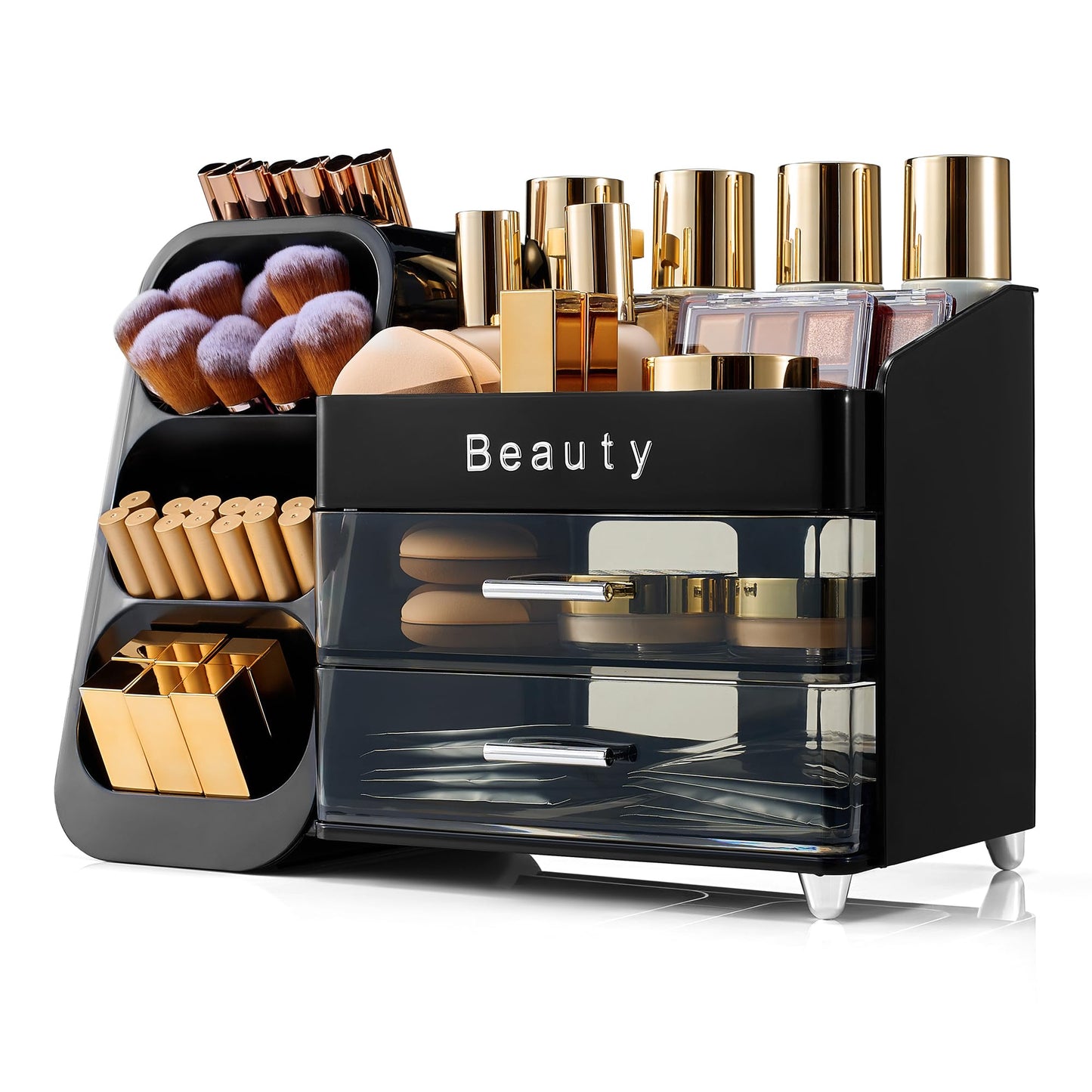 SYFIS Makeup Organizer for Vanity with Brush Holder, Countertop Makeup organizer with Drawers for Skincare, Cosmetics, Perfumes, Eyeshadow Palettes, Spacious Cosmetic storage organizer