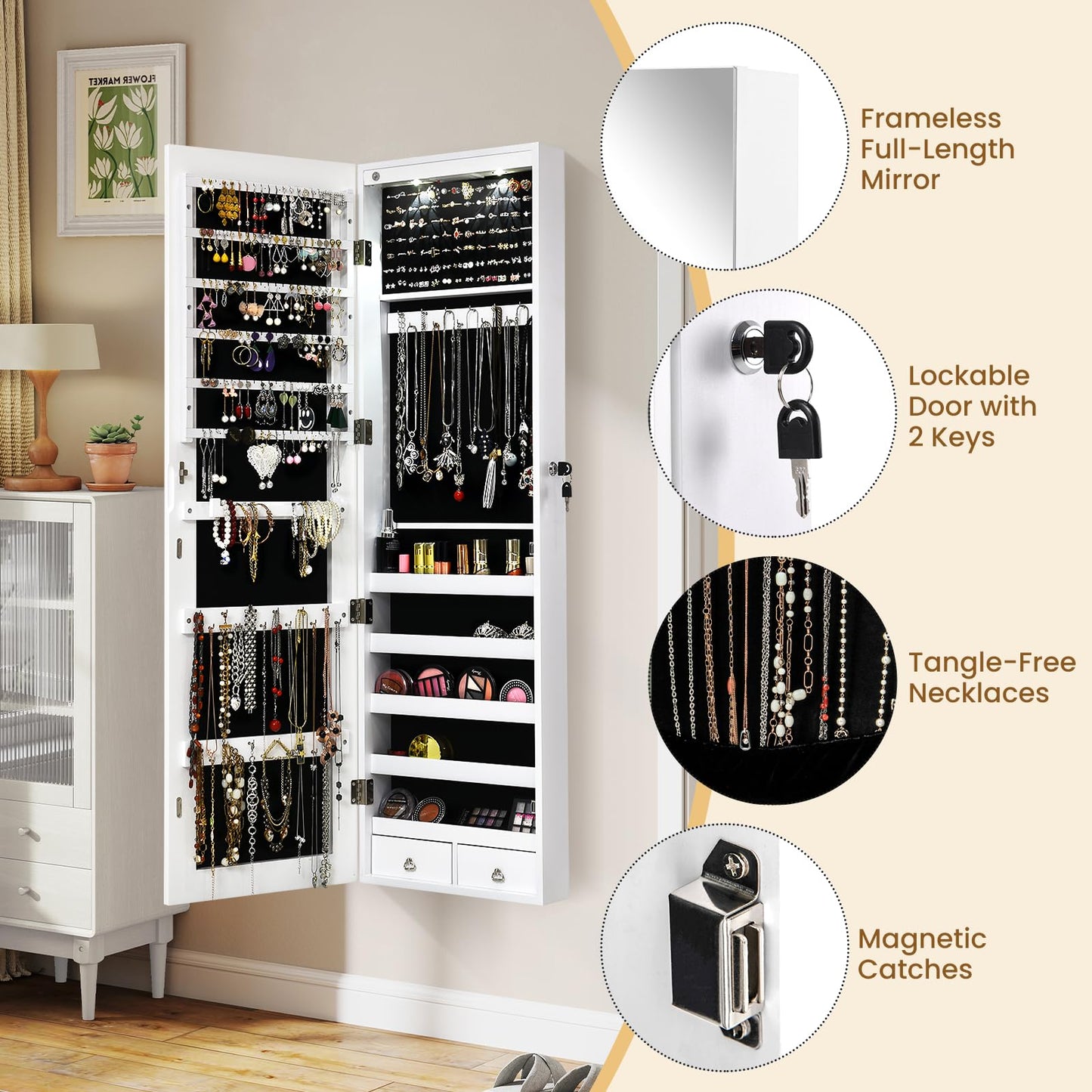 Giantex Wall Door Mounted Jewelry Armoire Cabinet with 47.5" Full Length Mirror, 2 LEDs Lockable Jewelry Organizers and Storage with 2 Drawers, Over the Door Jewelry Organizer Cabinet (White)