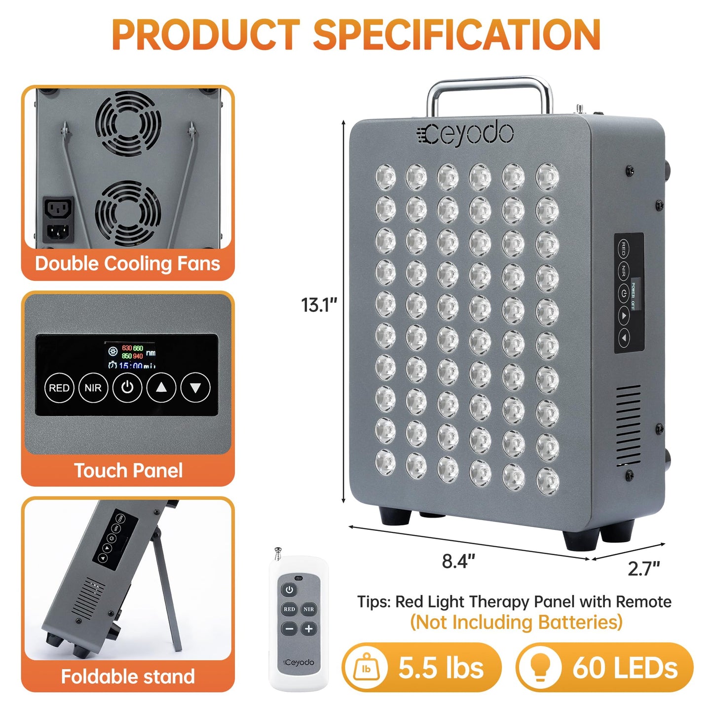 Red Light Therapy, 4 Chip LED Infrared Light Panel with Near-Infrared Light 630nm 660nm 850nm 940nm, 138W High Power 60 LED Red Light Device for Body, Face, Includes Hanging Kit & Handle, Gray