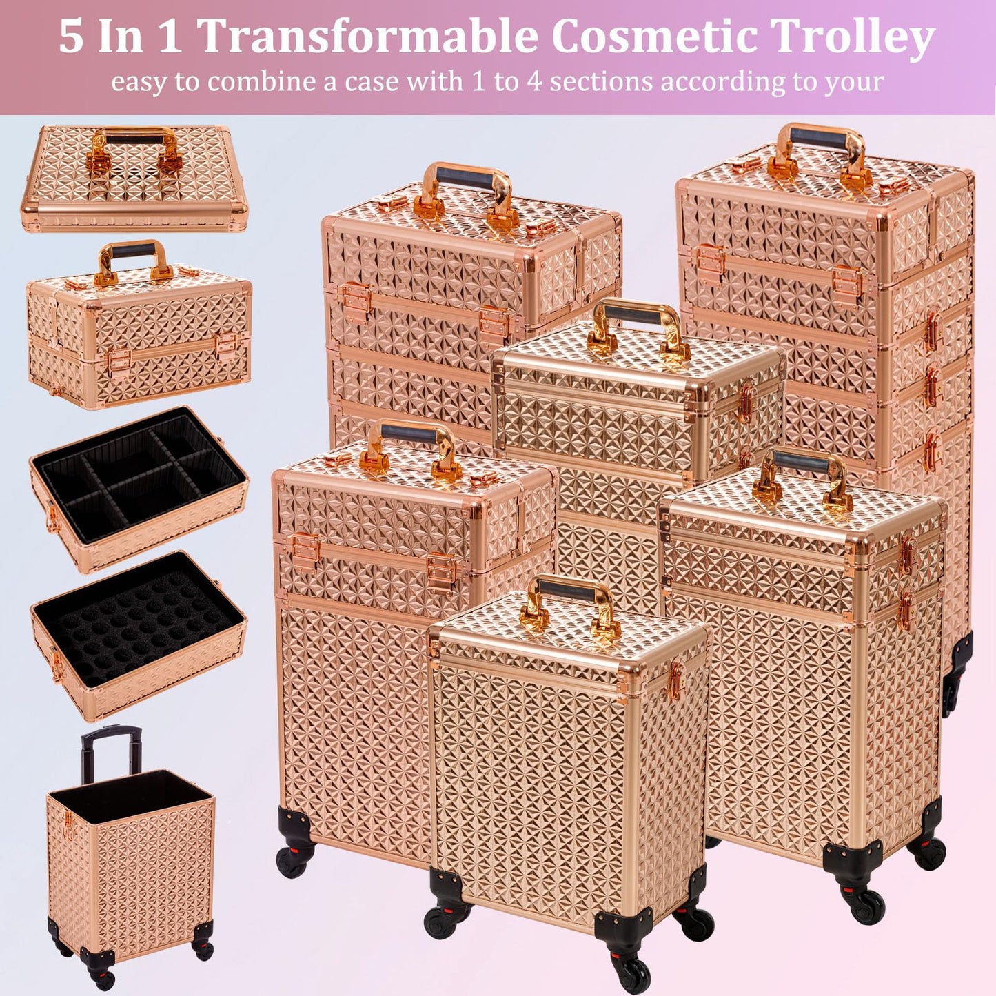 AROUS 5 in 1 Rolling Makeup Train Case Cosmetology Case on Wheels Large Cosmetic Organizer Travel Cart for Hairstylist Artist Nail Beauty Salon Barber,Gold