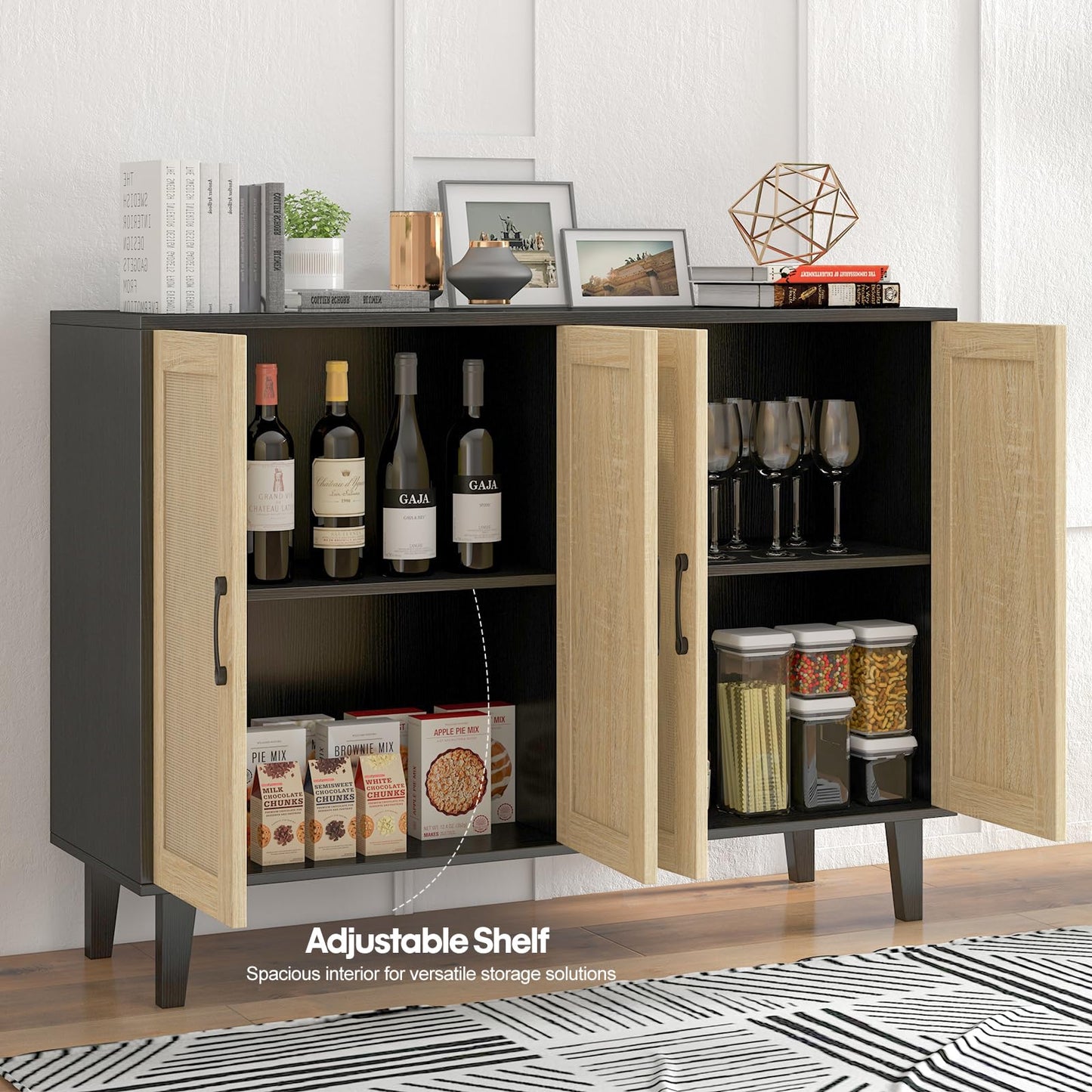 Panana Buffet Storage Cabinet with Rattan Decorating 4 Doors Living Room Kitchen Sideboard 48.43 x 34.65 x 15 inch (Black)