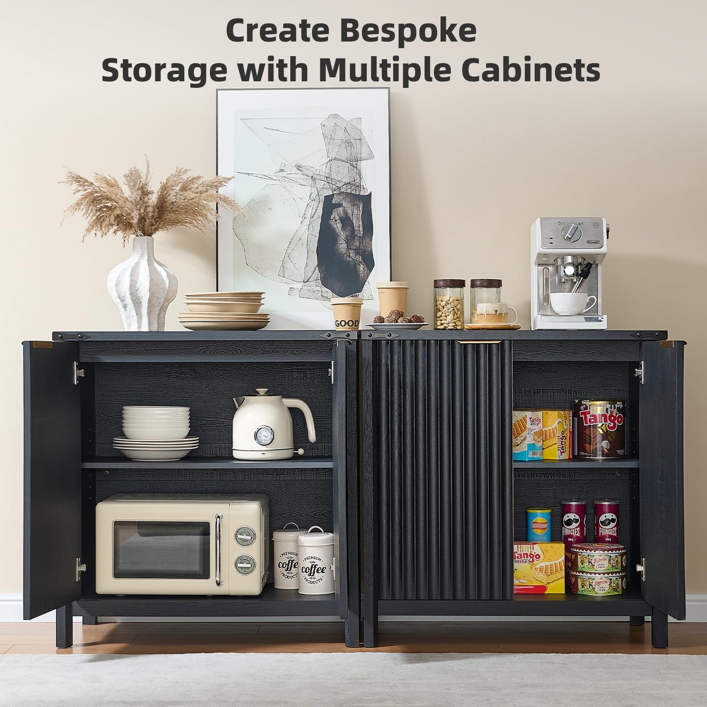 BuildHom 32" Sideboard Buffet Cabinet with Storage, Fluted Accent Storage Cabinet with 2 Doors, Modern Accent Coffee Bar Console Table for Kitchen, Entryway, Black Oak