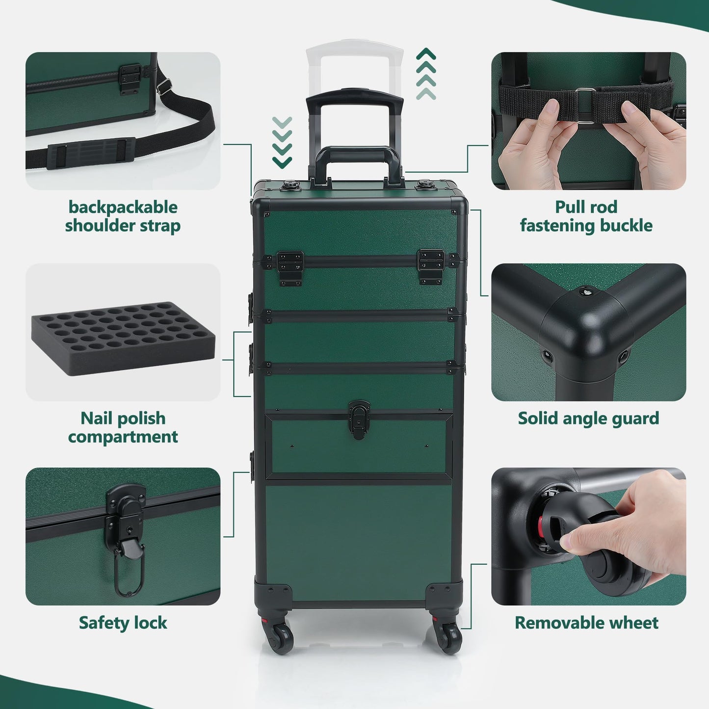 Somduy Rolling Makeup Case with Drawer, Makeup Train Case, 4 in 1Cosmetology Case on Wheels, Christmas Gift, Large Makeup Case Organizers, Profesional Cosmetic Case for Salon Barber, Green