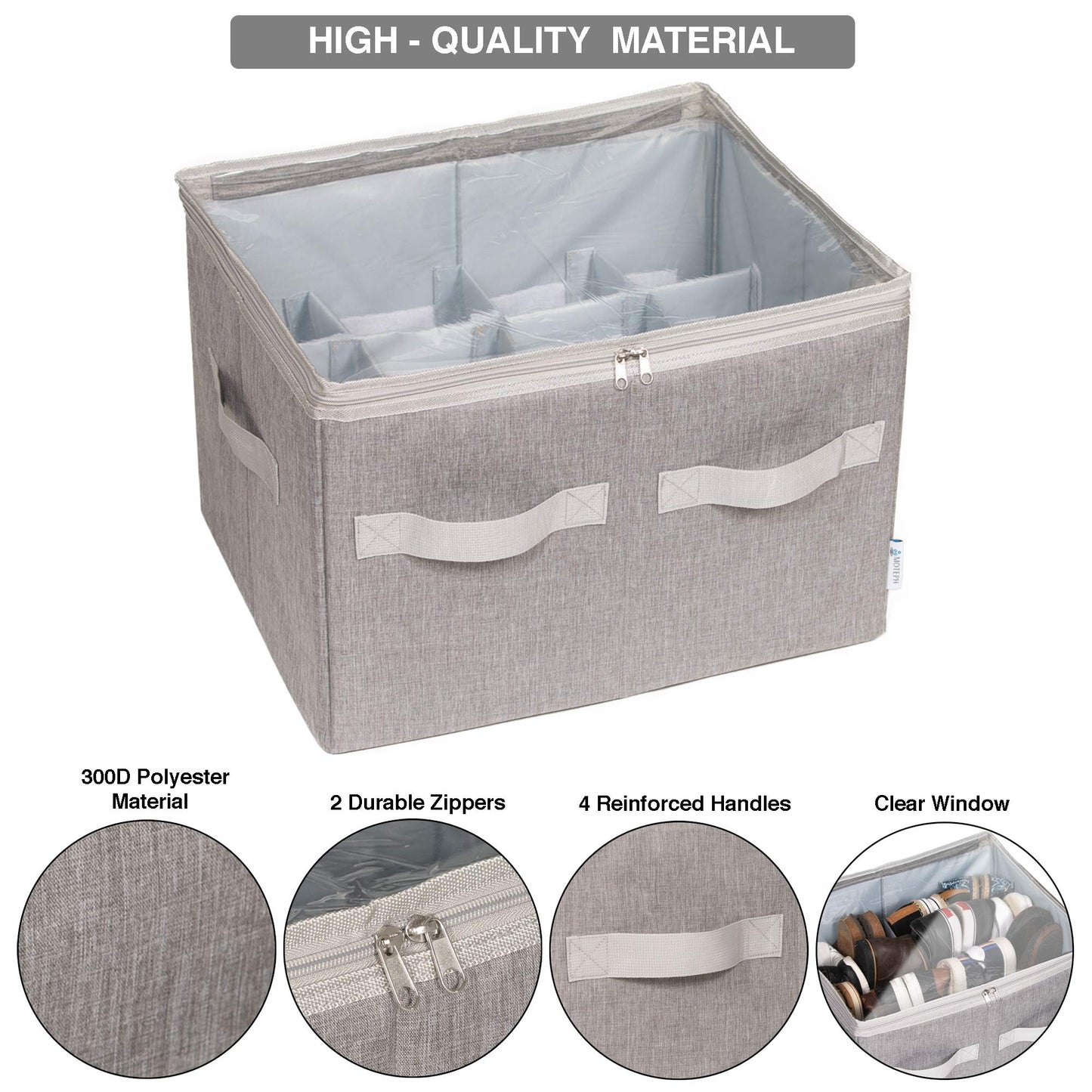 Moteph Shoe Organizer Closet Storage Solution with Clear Cover & Adjustable Dividers for Shoes, Handbags, Blankets, Linen, Clothing (Medium - 16 Pairs, Grey)