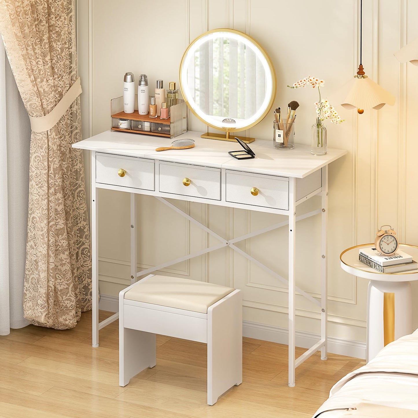 DAOUTIME Makeup Vanity Desk No Mirror, 37.2 Inch Vanity with 3 Drawers, Girls Vanity Dressing Table for Bedroom, Small Vanity Table Home Office Desk for Small Spaces, White