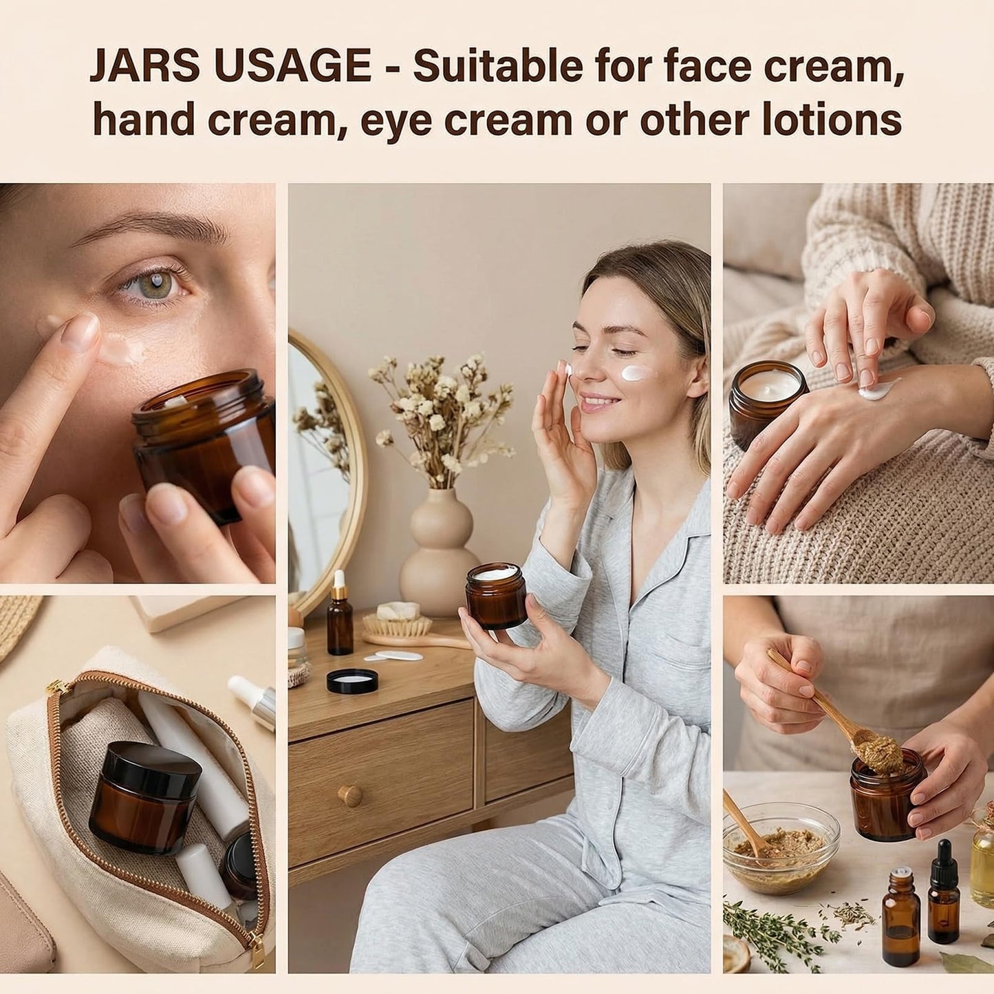 6PCS 10ml Amber Glass Jar Empty Refillable Cosmetic Container with Liners & Black Screw Lids for Face Cream Essential Oils Lotion Makeup