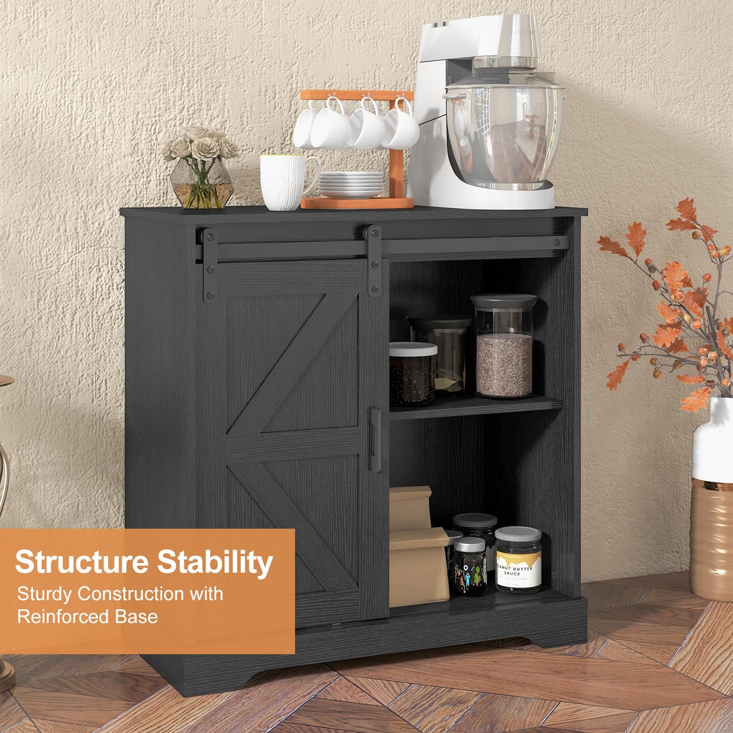 Panana Sliding Barn Door Buffet Sideboard Storage Cabinet Coffee Bar Kitchen Farmhouse Style (Black)