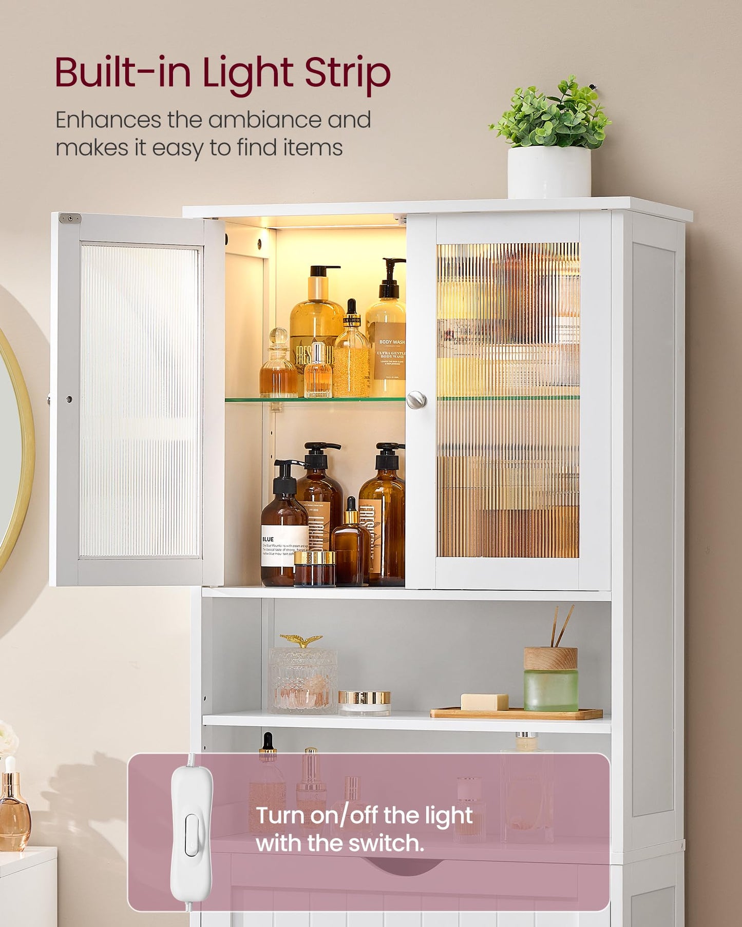 VASAGLE Storage Cabinet with LED Lights, Freestanding Storage Unit with Adjustable Shelves, Drawer, Open Compartments, for Bathroom, Living Room, Kitchen, Cloud White UBBC767WH01S