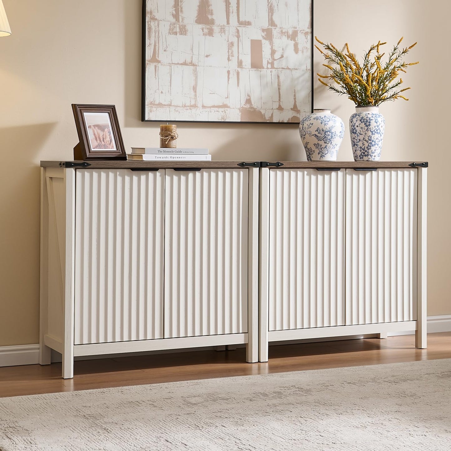 BuildHom 32" Sideboard Buffet Cabinet with Storage, Fluted Accent Storage Cabinet with 2 Doors, Modern Accent Coffee Bar Console Table for Kitchen, Entryway, Antique White