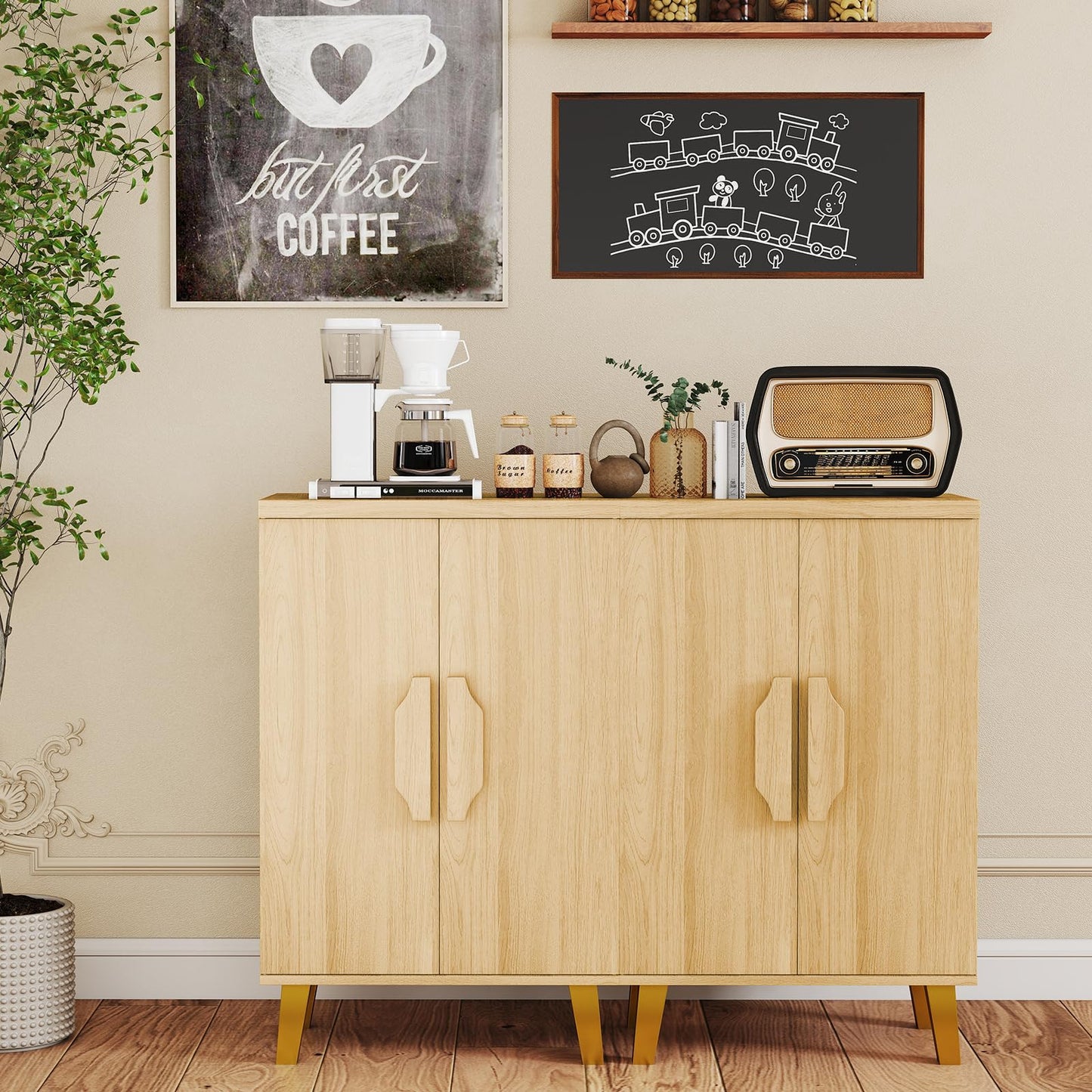 LOKO 2-Door Buffet Cabinet, Modern Storage Cabinet with 3 Detachable Shelves, Exquisite Handles, Raised Legs, Freestanding Sideboard for Kitchen, Pantry, Dining Room, Living Room, Natural