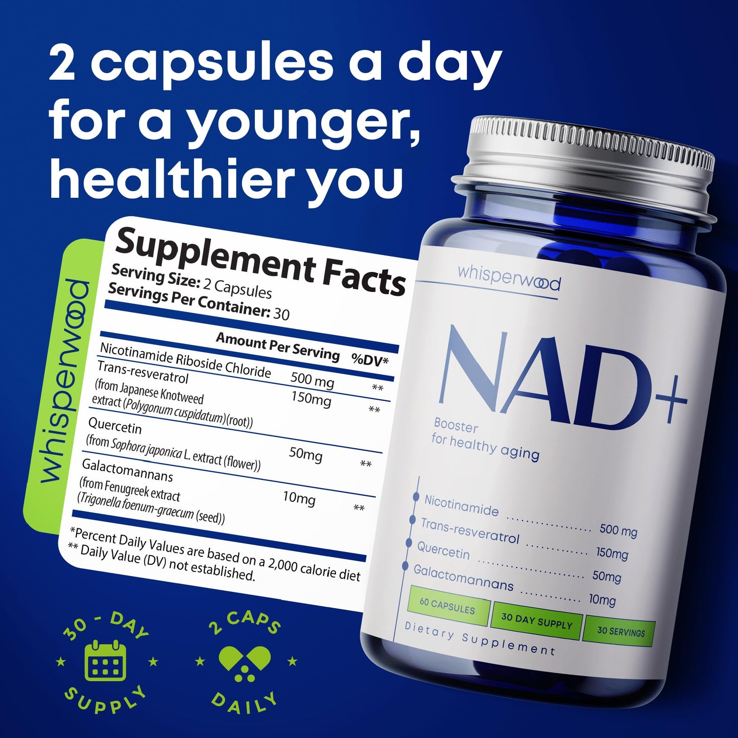 NAD+ Supplement with Nicotinamide Riboside, Trans Resveratrol & Quercetin – NAD Plus Complex for Energy, Brain & Mitochondrial Support – Antioxidant and Longevity Formula for Women & Men – 60 capsules