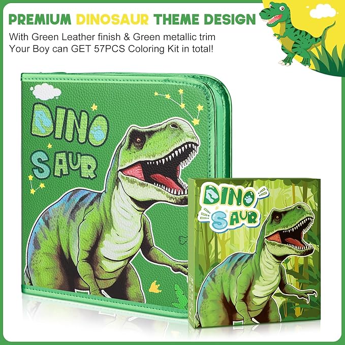 Fruit Scented Markers Set 57Pcs with Glitter Dinosaur Pencil Case & Stationery, Art Supplies for Kids Ages 4-6-8, Art Coloring Kits Box,Gifts Toy for Boys Age 5,7,Gel Pen,Pencil&Crayon Drawing Stuff