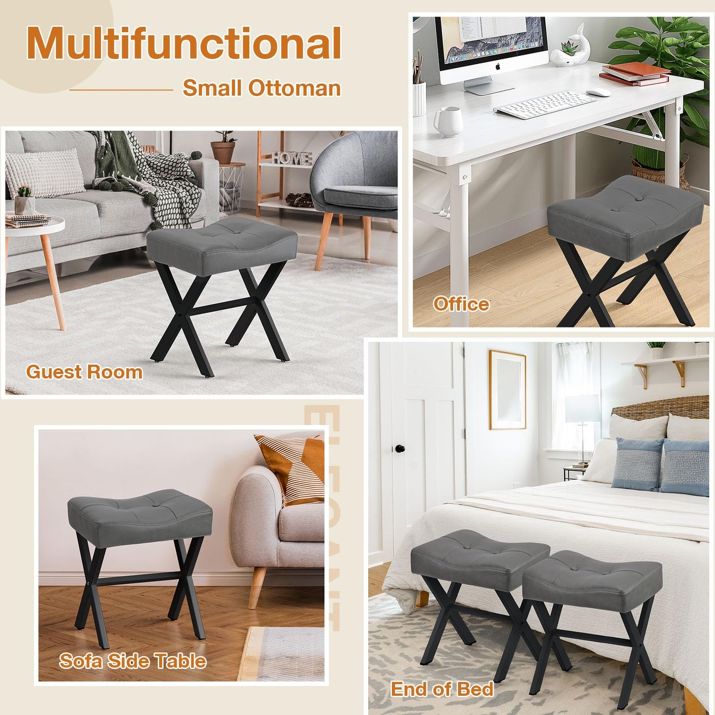 Memobarco 18-Inch Leather Vanity Stool Chair, Vanity Bench with Metal X-Leg, Ottoman Accent Stool with Thick Padded Saddle Seat, Gray
