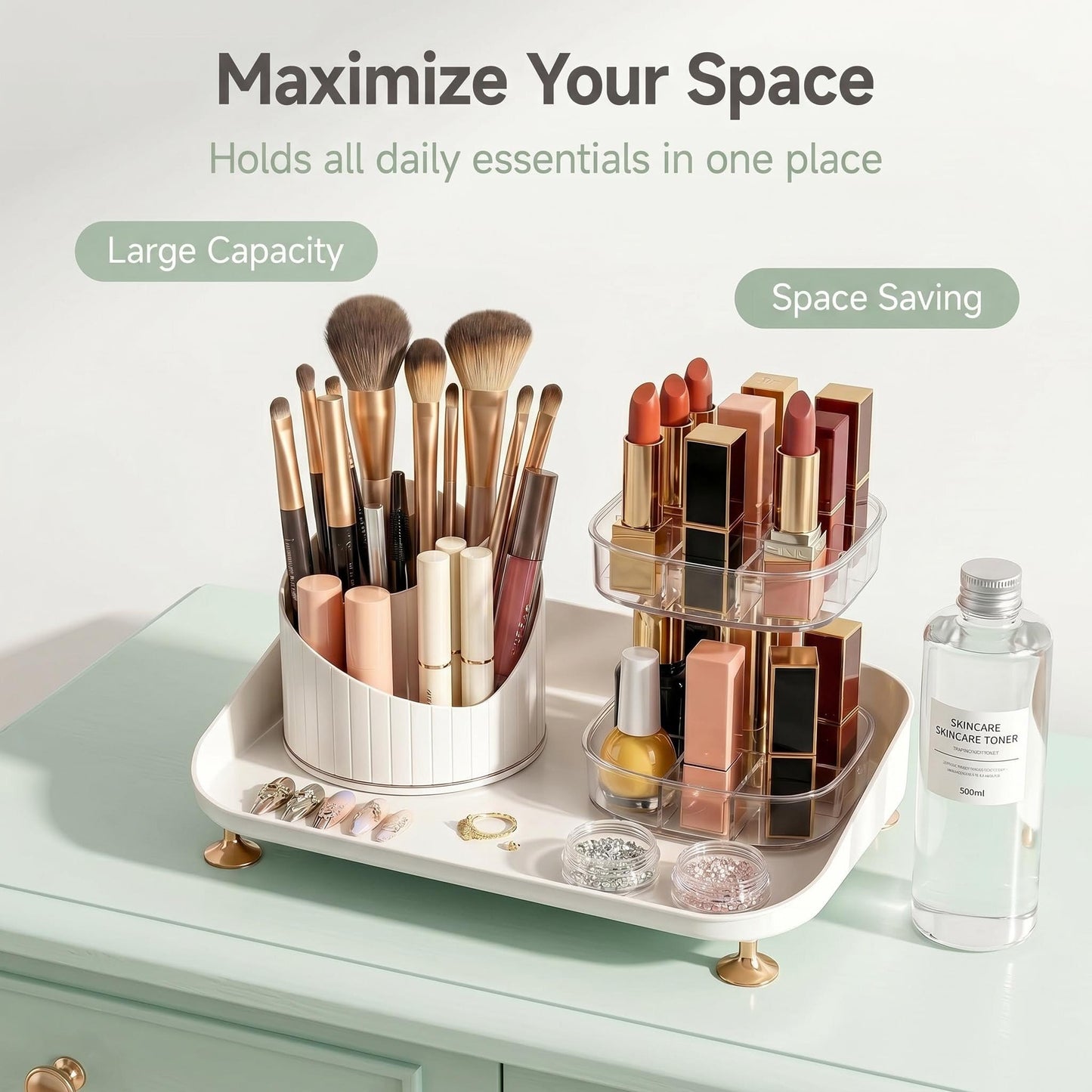 Bazhahei 3IN1 Dustproof Rotating Makeup Organizer with Birdcage Lid, 360° Spin Makeup Brush & Lipstick Storage Holder for Vanity Dresser: Ideal for Press-On Nails & Tiny Jewelry