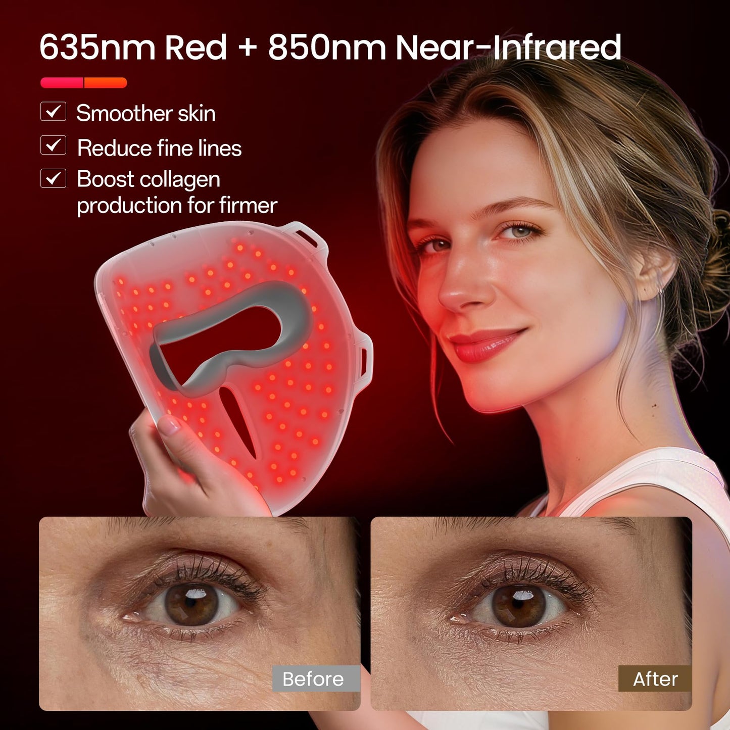 Facego Red Light Mask for Face, 4 Modes Dual Infrared Red Light Face Mask, Non-Skin Contact, Cordless Rechargeable Skincare Gifts for Women