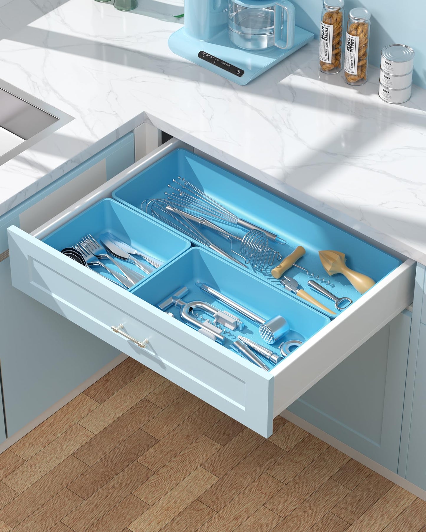 MLIKLU 10 Pack Large Size Plastic Drawer Organizers Set, 3 Sizes Desk Drawer Organizer Trays, Storage Bins for Vanity, Makeup, Bathroom, Kitchen Utensils and Office (Blue)