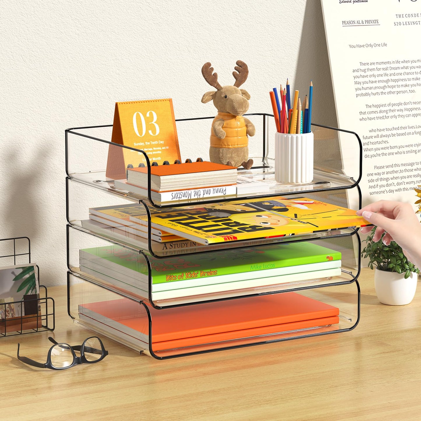 FANXIYQ 4-Tier Acrylic Paper Tray Organizer - Low-Profile Desk File Sorter for Office/Home, Clear Stackable Letter Tray for Bills, Crafts, Notebooks