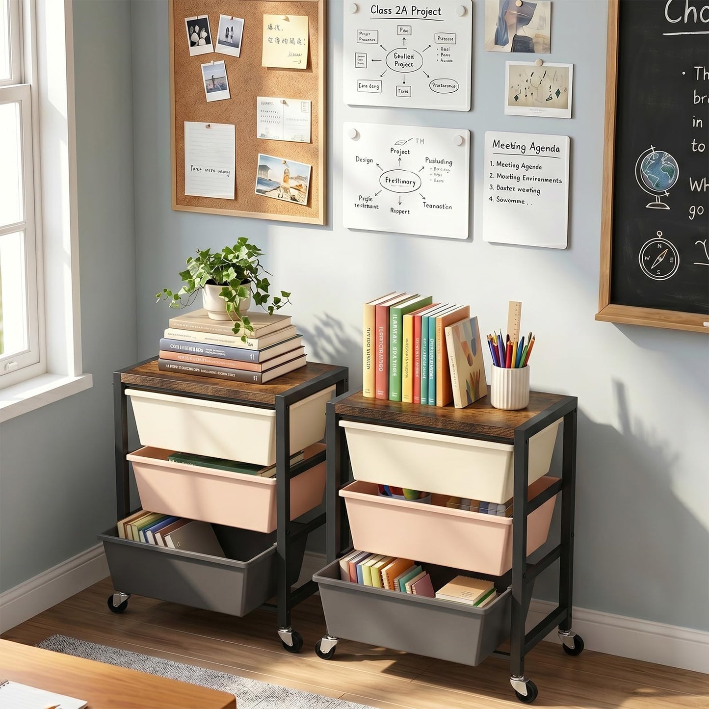 Rolling Cart with 3 Drawers, Plastic Drawer Storage Carts with Lockable Wheels & Wooden Tabletop, Metal Art Craft Utility Cart Organizer for Home Office Bedroom Dorm Bedside Classroom, Dark Brown