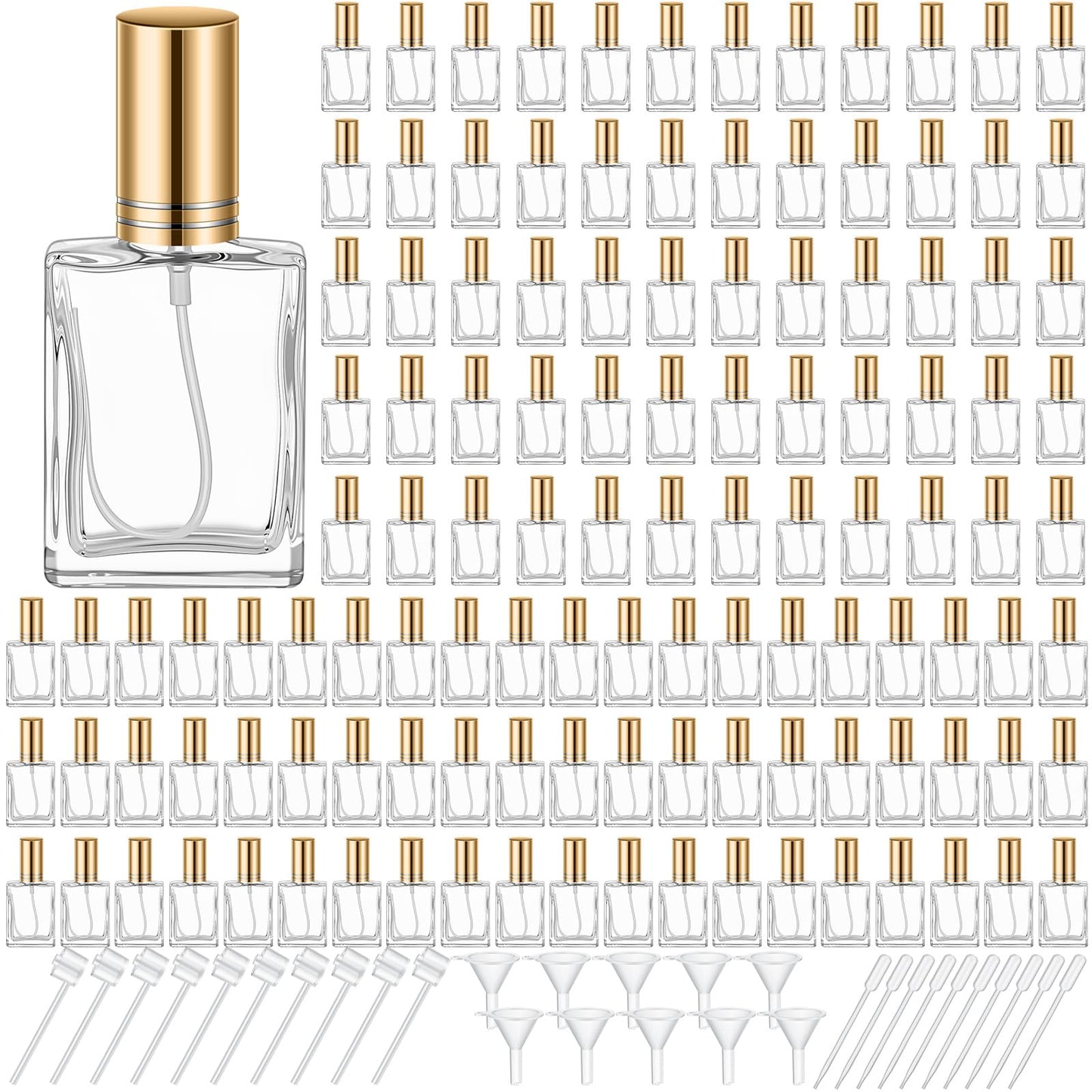 Domensi 90 Pcs 10/15/30/50 ml Glass Square Perfume Bottles Mini Glass Empty Spray Atomizer Bottles Bulk Refillable Perfume Dispenser Container with Pump Tool for Travel (15 ml,Gold)