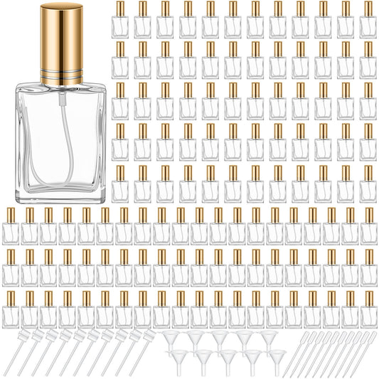 Domensi 90 Pcs 10/15/30/50 ml Glass Square Perfume Bottles Mini Glass Empty Spray Atomizer Bottles Bulk Refillable Perfume Dispenser Container with Pump Tool for Travel (15 ml,Gold)